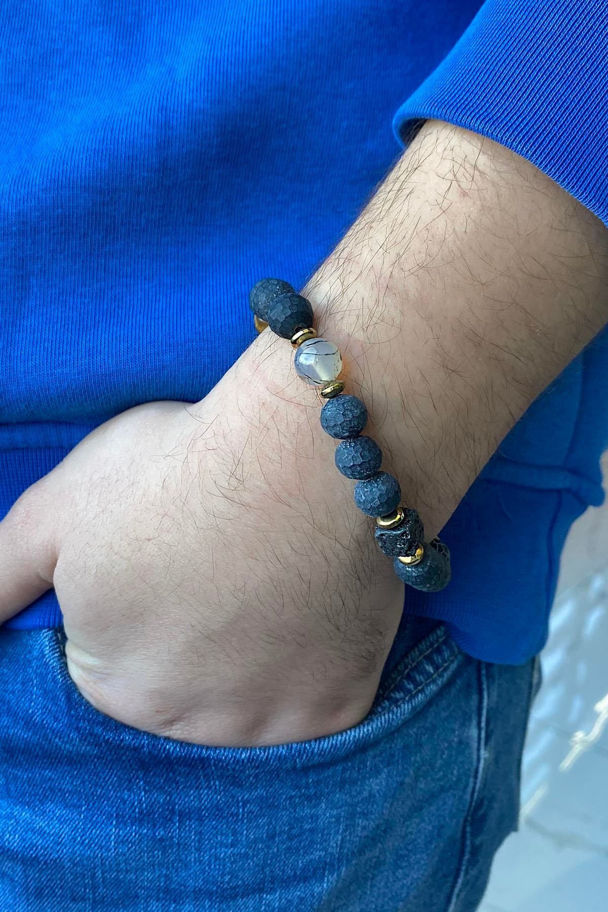 Karışık Renk Boncuk Detaylı Erkek Bileklik