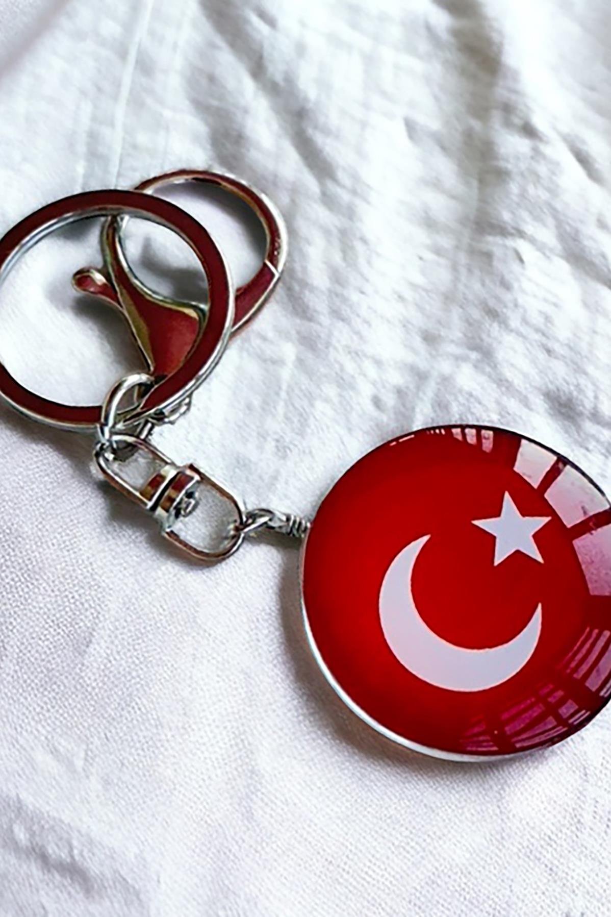 Karışık Renk Türk Bayrak Figürlü Çift Taraflı Anahtarlık