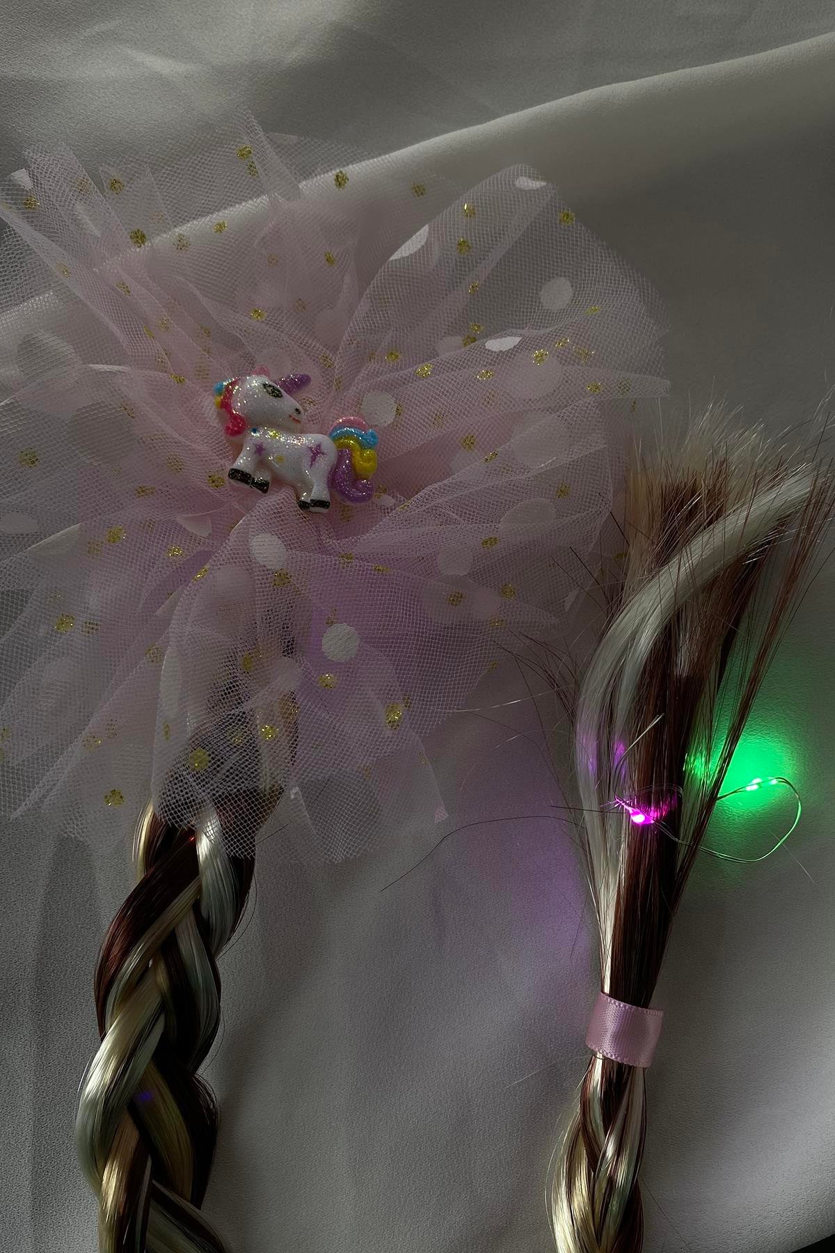 Karışık Renk Unicorn Figürlü Örgü Saç Detaylı Işıklı Toka