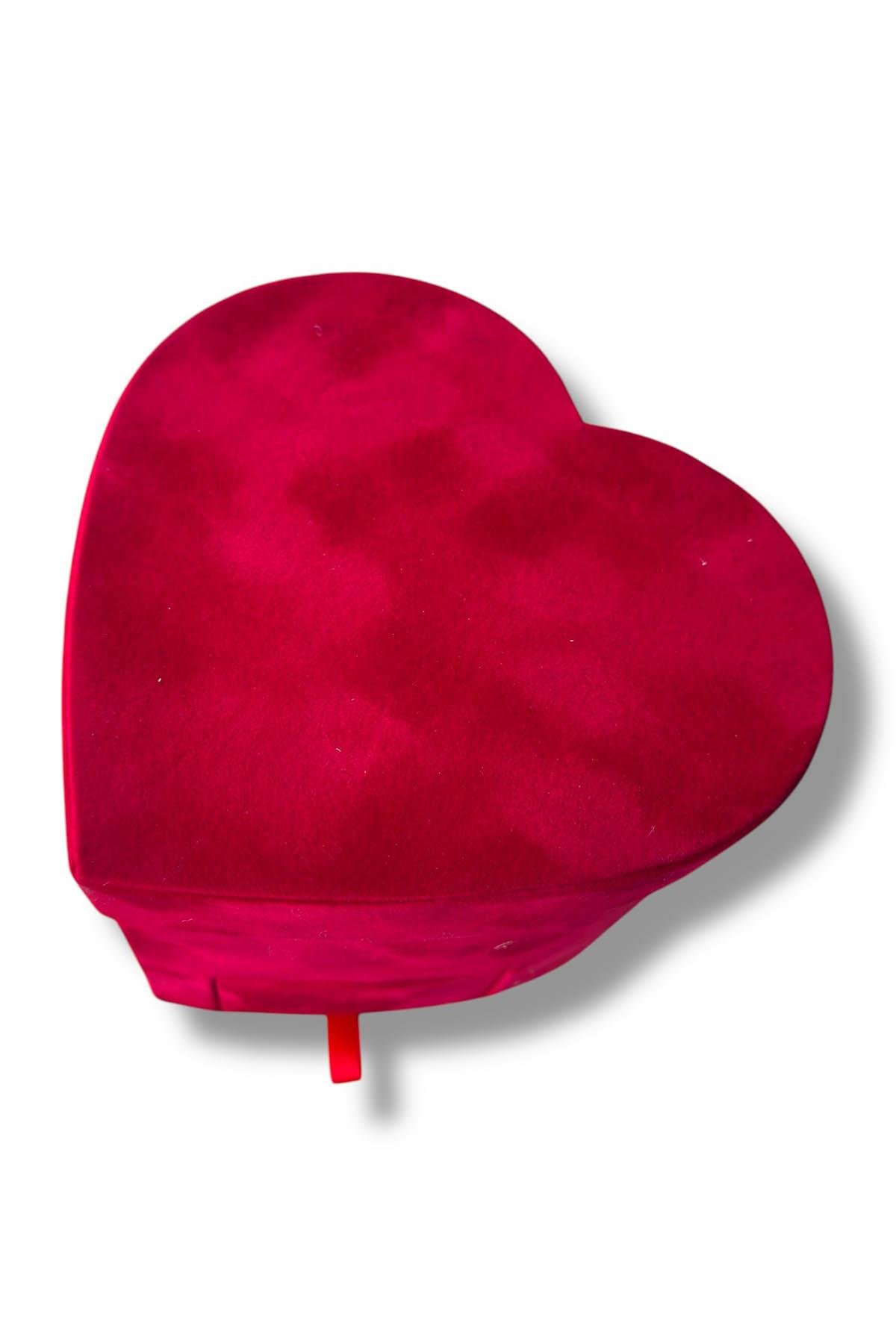 Kırmızı Renk Kalp Figürlü Çekmece Detaylı Kadife Hediye Kutusu