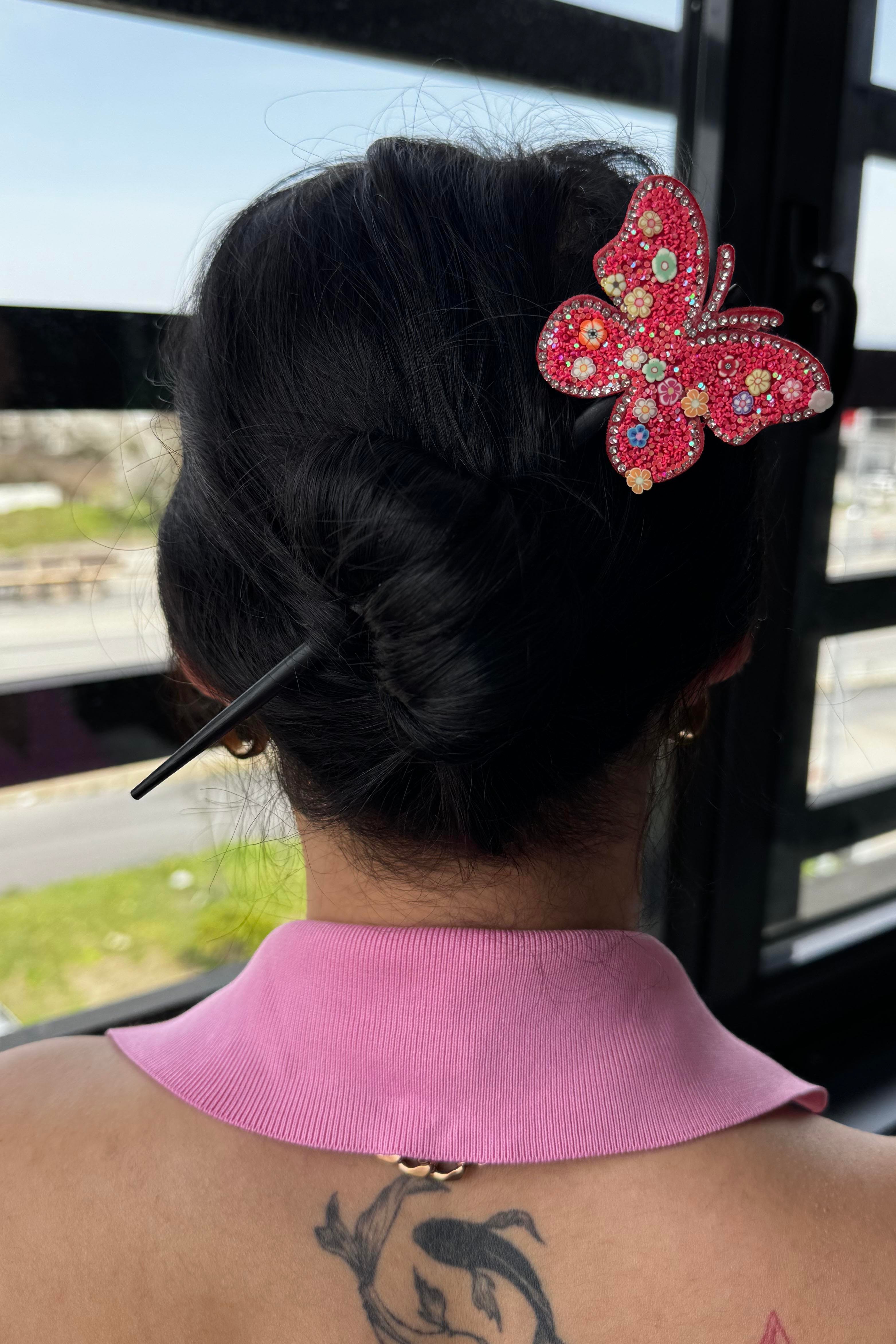 Kırmızı Renk Kelebek Figürlü Topuz Tokası/Topuz Kalemi