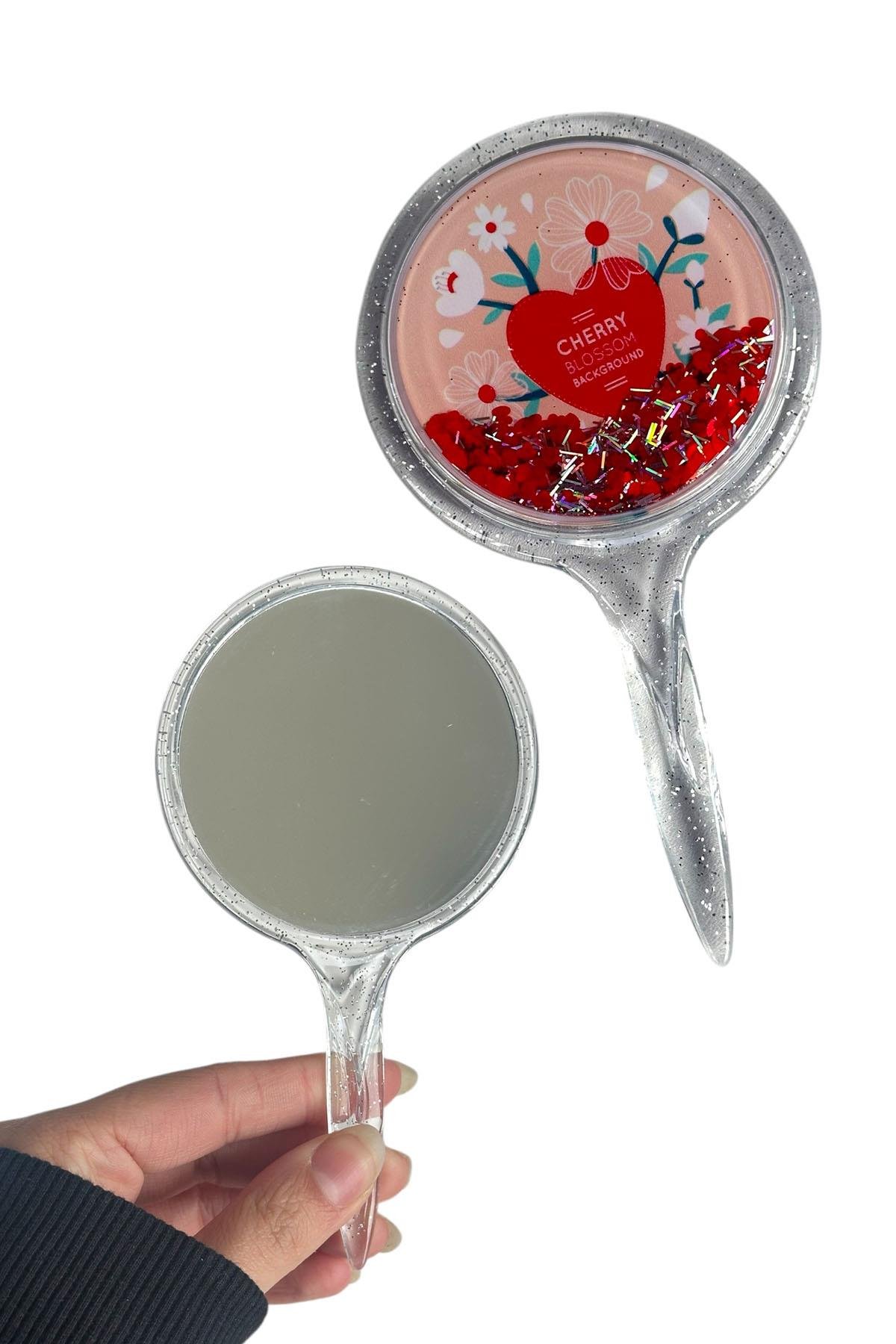 Kırmızı Renk Pul Detaylı Karışık Figürlü El Aynası