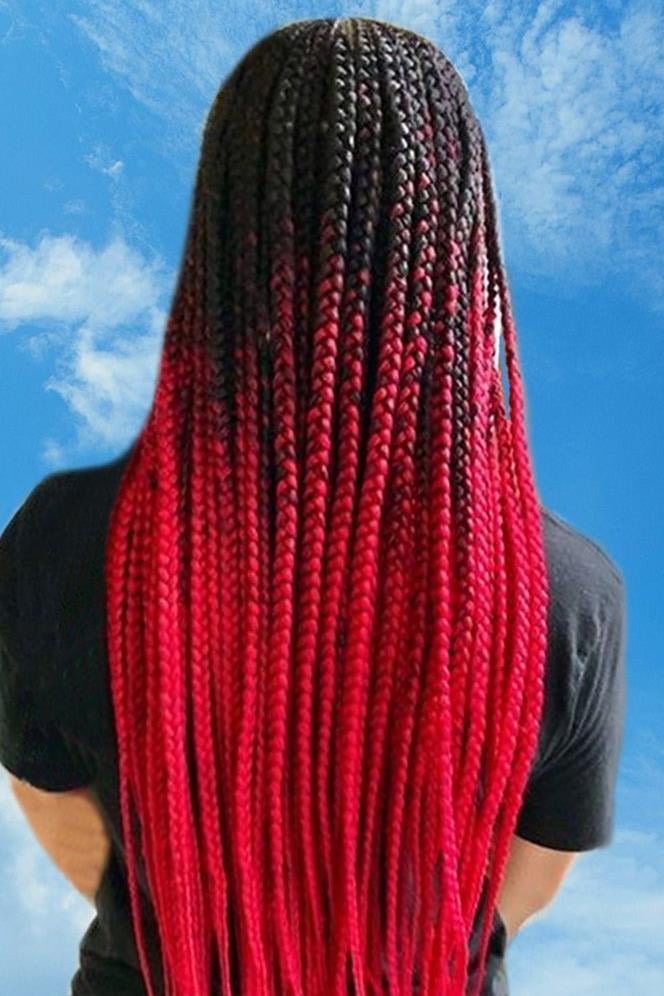 Kırmızı Siyah İki Renk Ombreli Afrika Zenci Örgüsü Box Braid Sentetik Saç 60cm 100gr