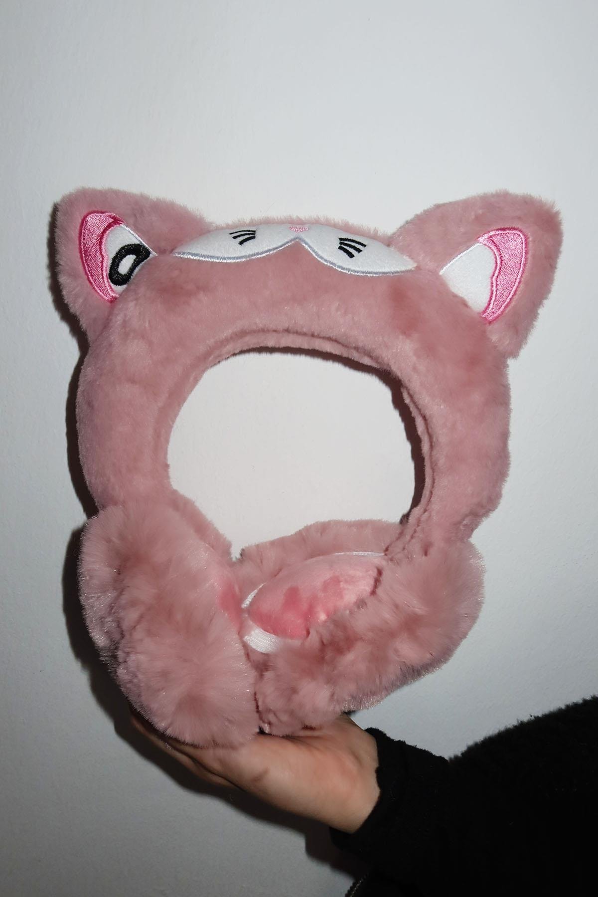 Koyu Pembe Renk Kedi Figürlü Peluş Kulaklık