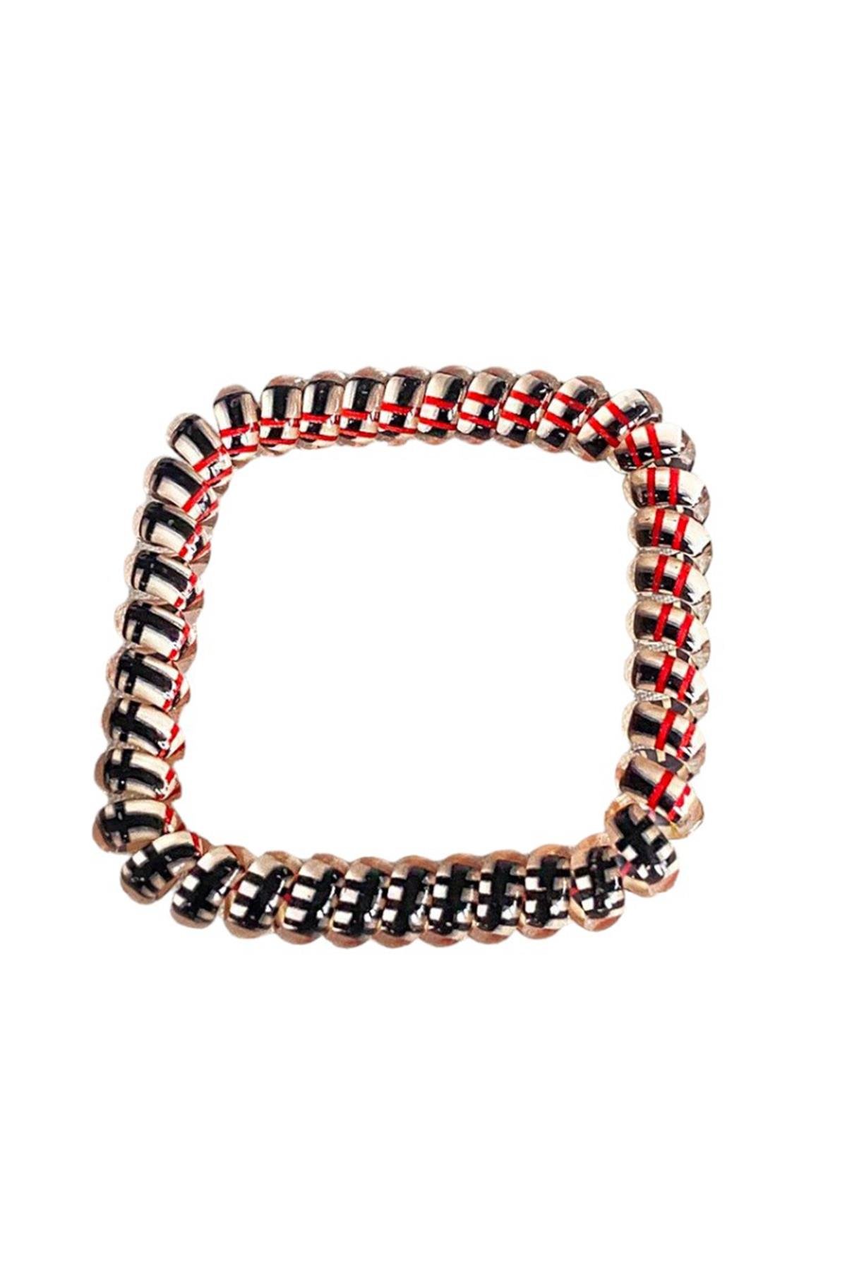 Krem Renk Siyah Çizgili Helezon Lastik Toka