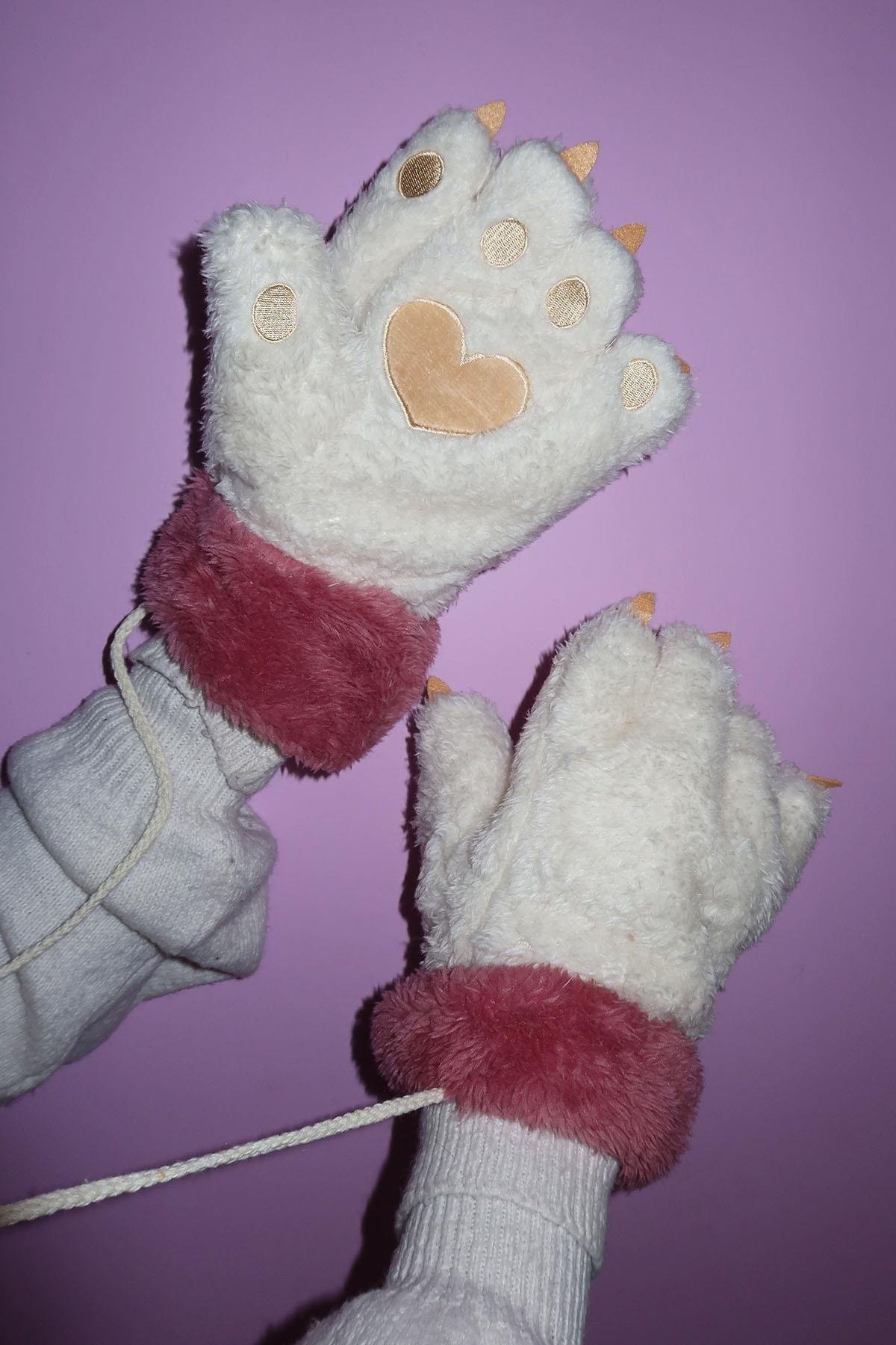 Krem Ve Pembe Renk Pati Figürlü Askılı Peluş Eldiven