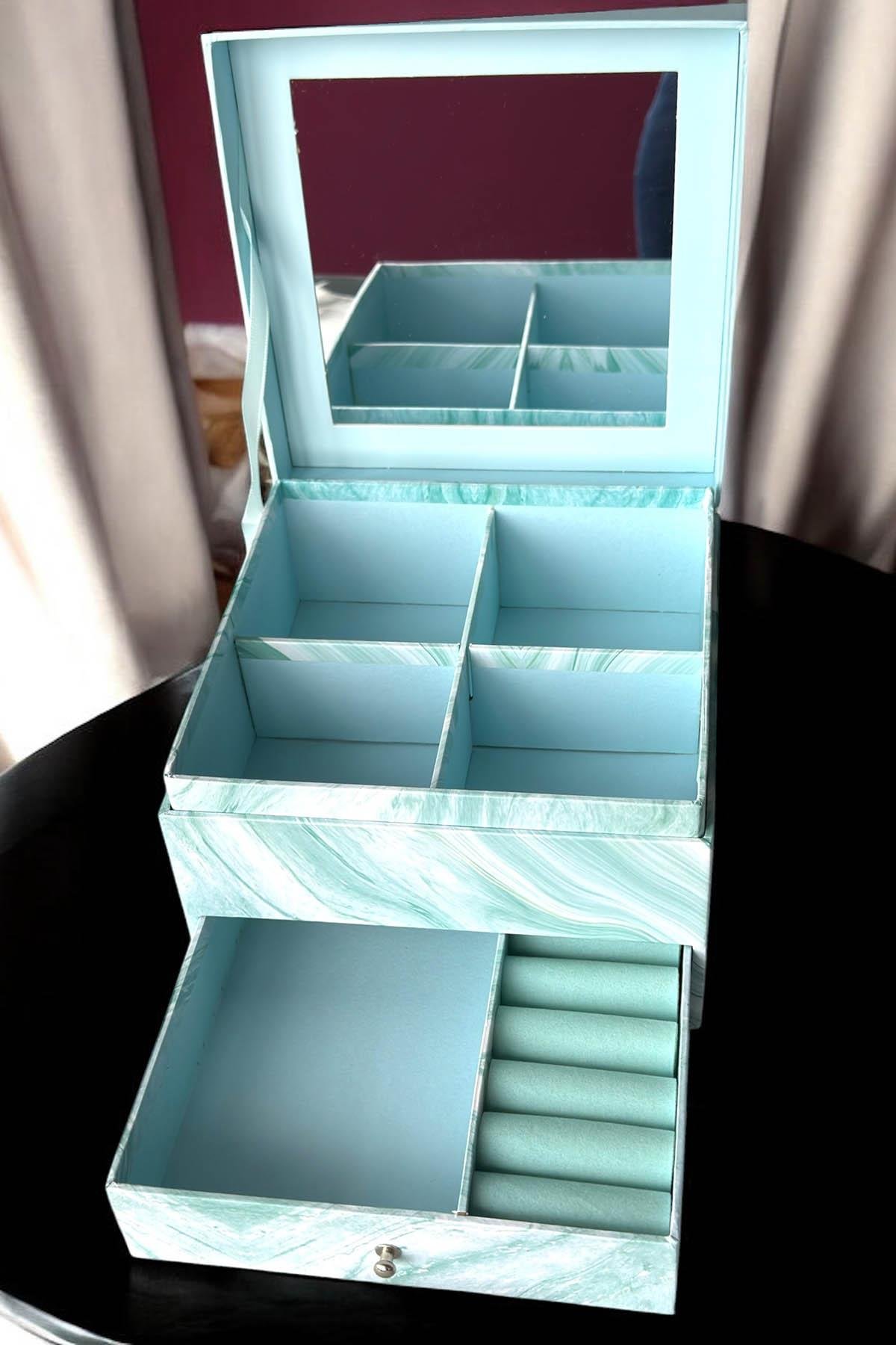 Mavi Renk Ayna Detaylı Bölmeli Çekmeceli Takı Organizeri