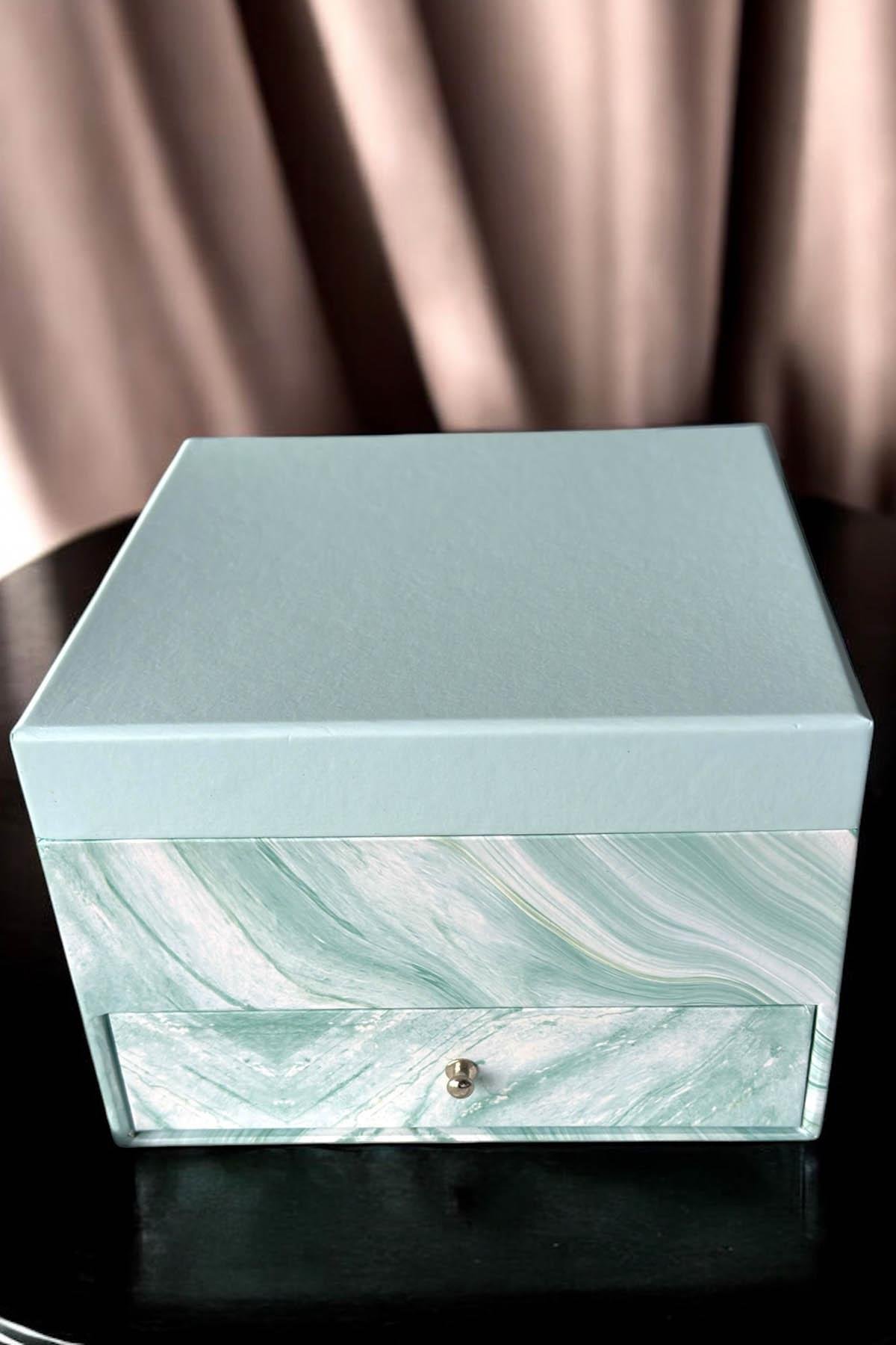 Mavi Renk Ayna Detaylı Bölmeli Çekmeceli Takı Organizeri