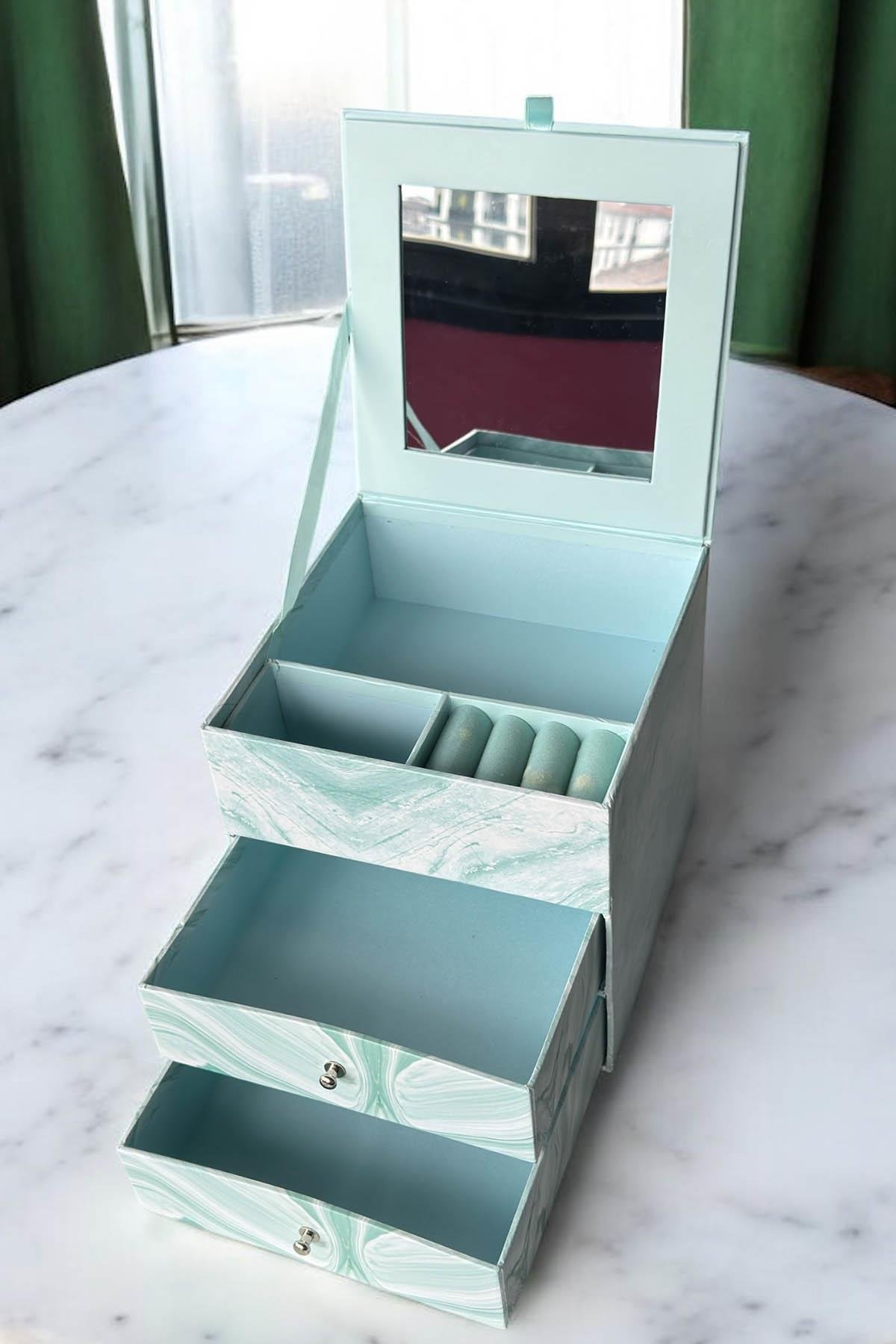 Mavi Renk Ayna Ve Çekmece Detaylı Takı Organizeri