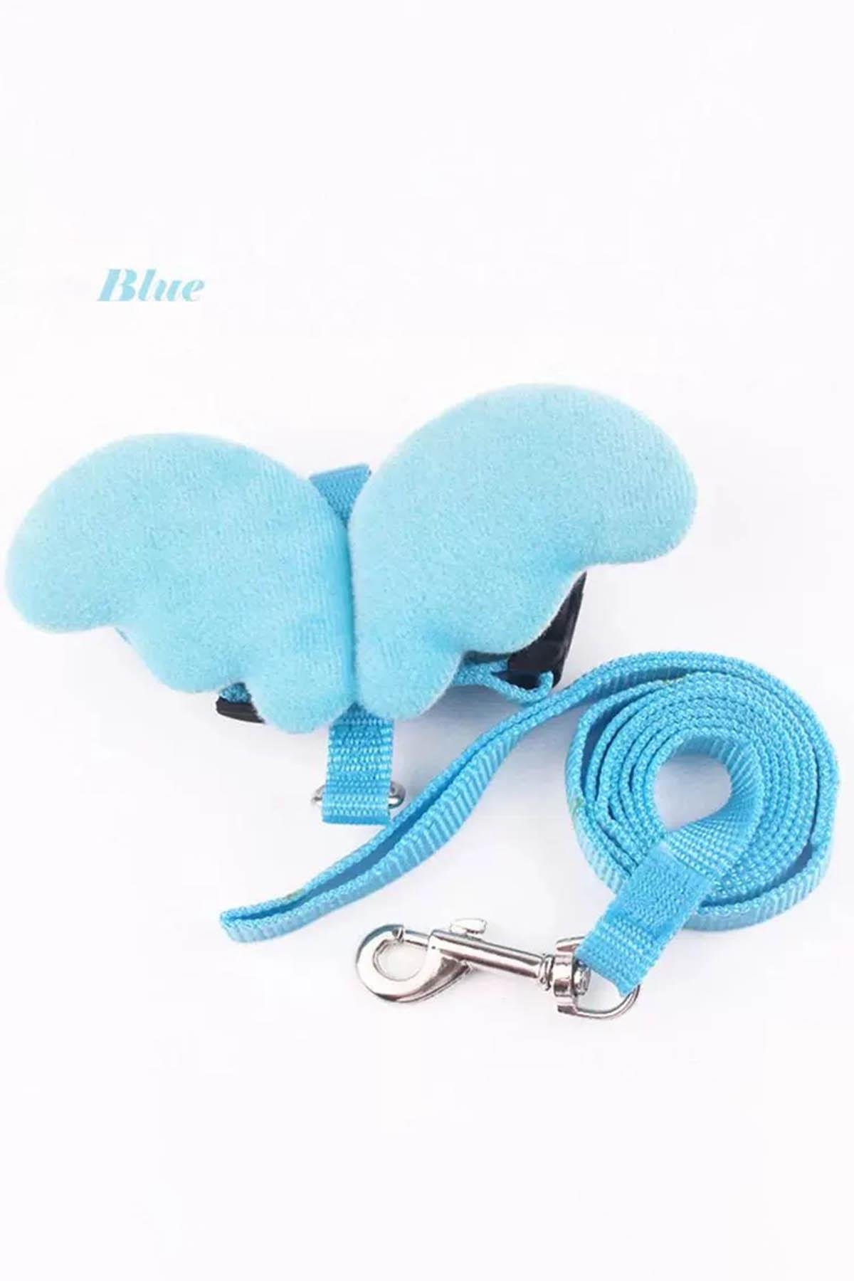 Mavi Renk Kanat Figürlü Bel Göğüs Ayarlanabilir Kedi/Köpek Tasma