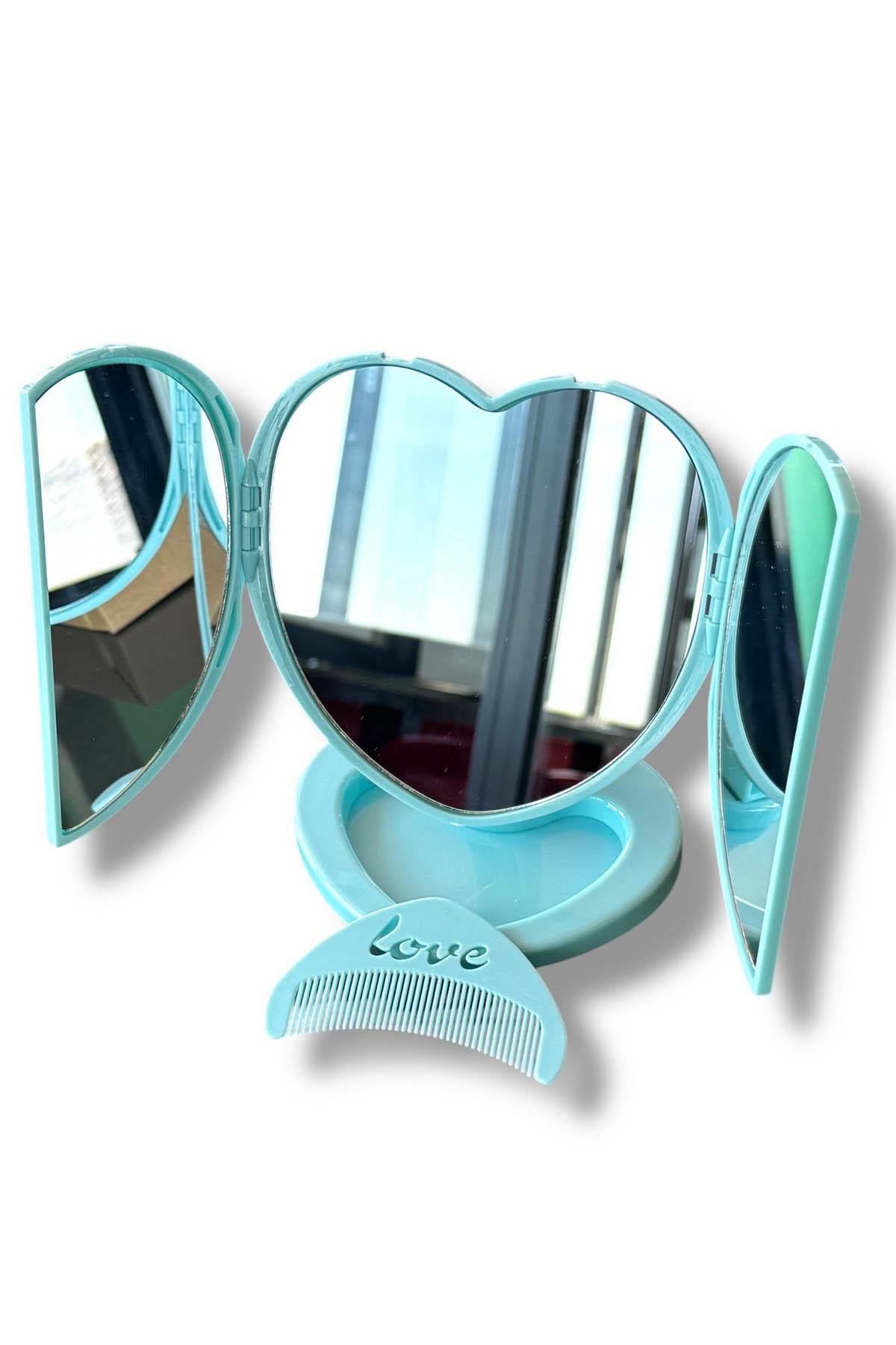 Mavi Renk Karışık Figürlü Kalp Detaylı Tarak / Masa Aynası Set