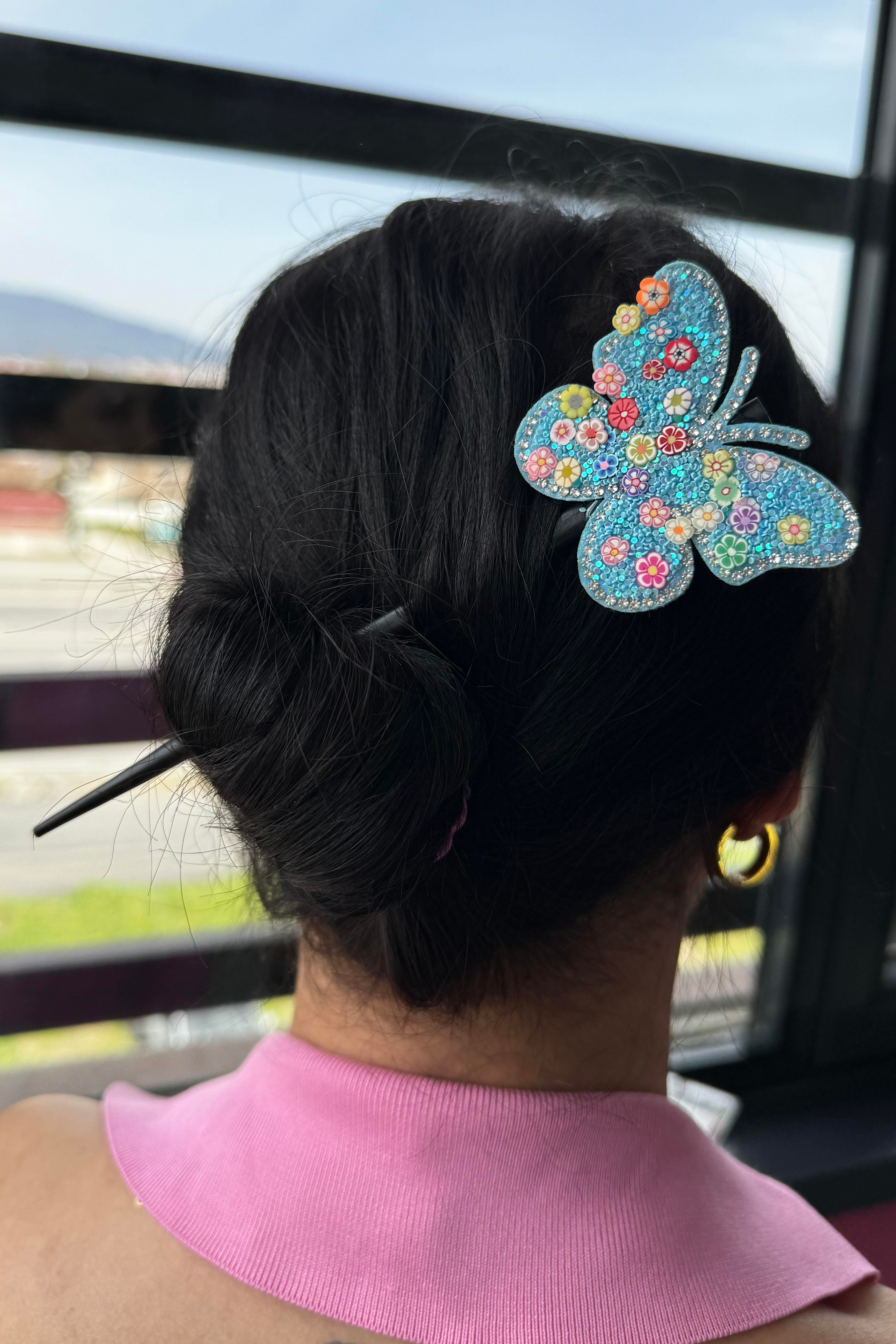 Mavi Renk Kelebek Figürlü Topuz Tokası/Topuz Kalemi