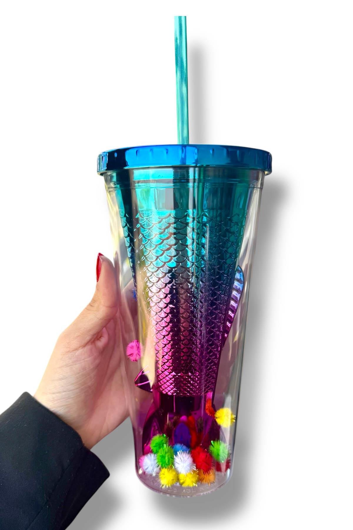 Mavi Renk Kuyruk Figürlü Ponpon Detaylı Pipetli Suluk