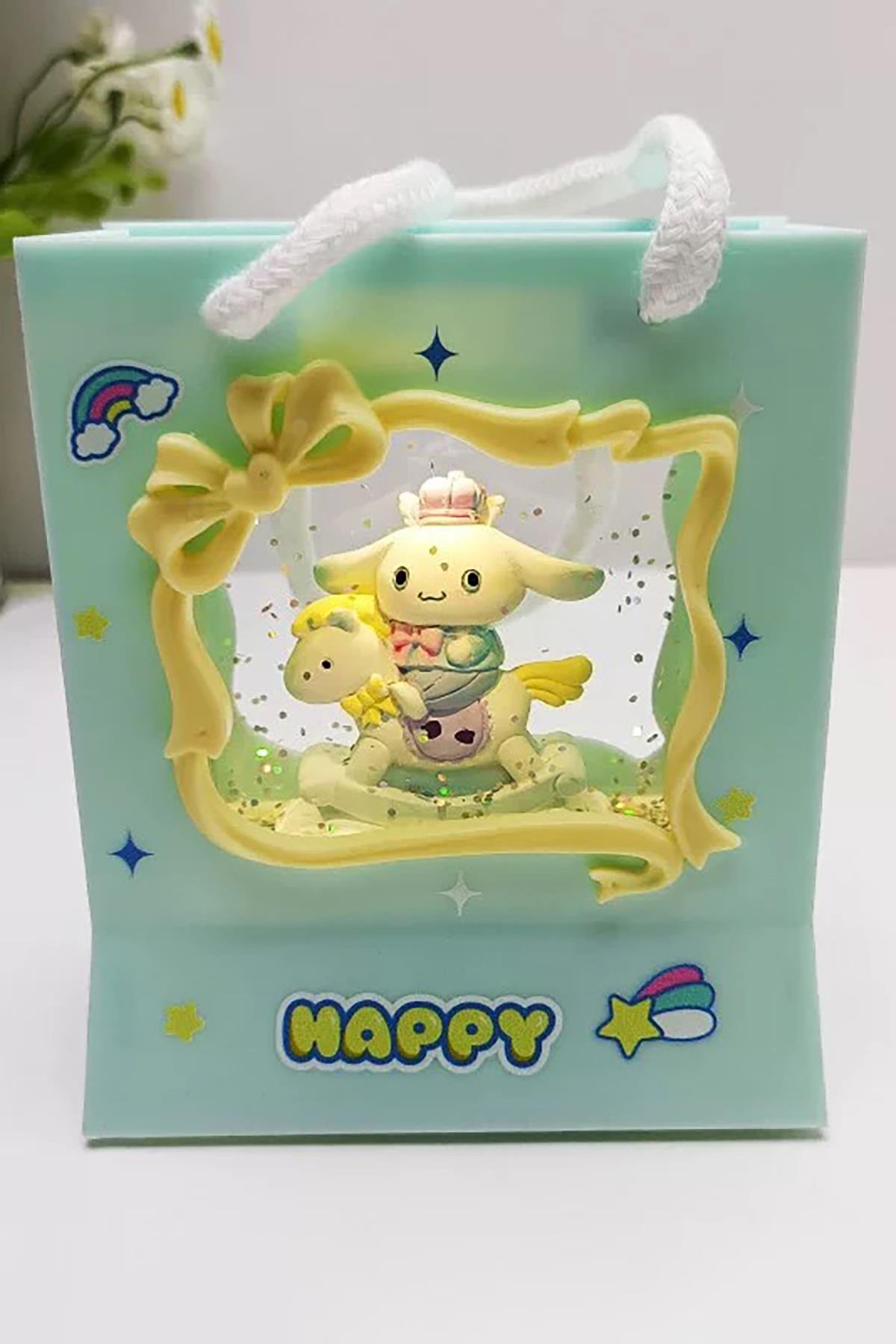 Mavi Renk Tavşan Figürlü Askı Detaylı Müziklı Işıklı Kar Küresi