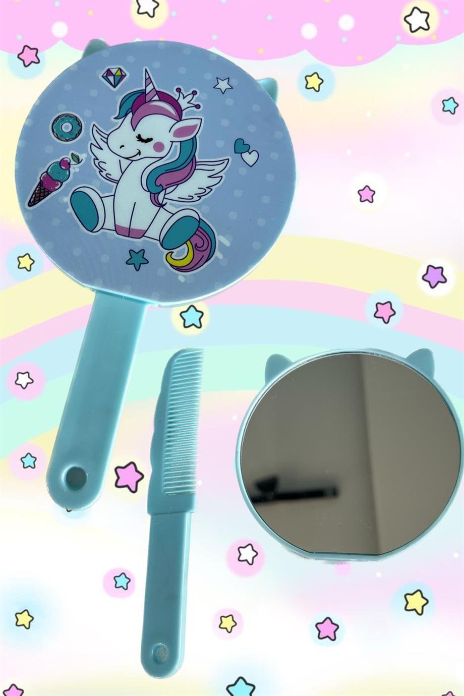 Mavi Renk Unicorn Figürlü Tarak Detaylı Ayna