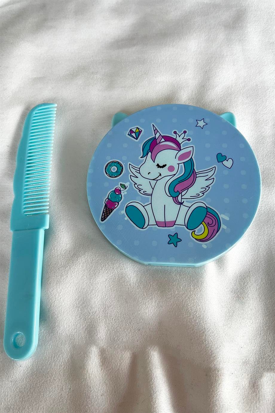 Mavi Renk Unicorn Figürlü Tarak Detaylı Ayna