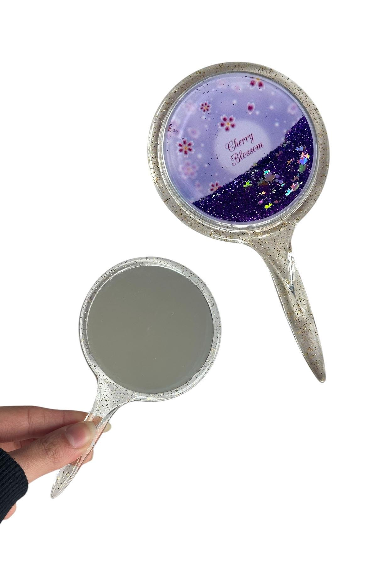 Mor Renk Pul Detaylı Çiçek Figürlü El Aynası