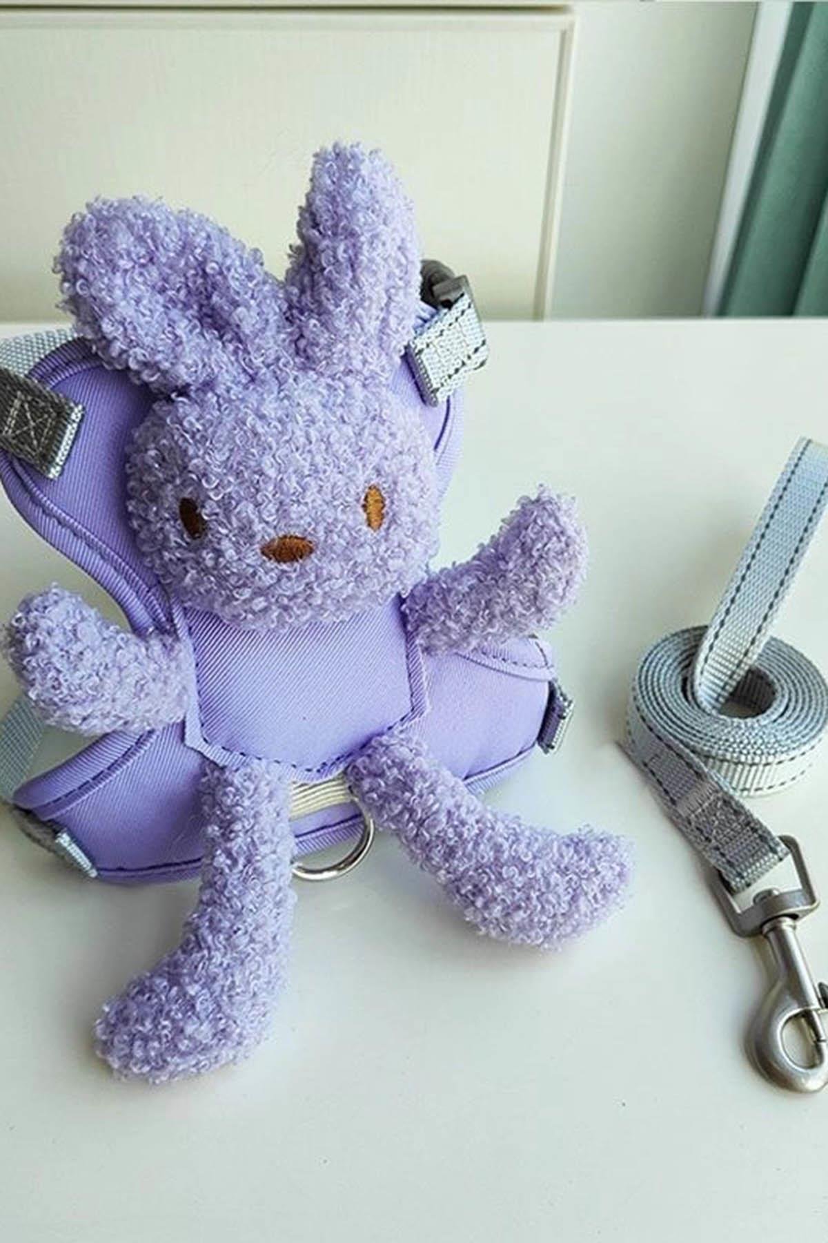 Mor Ve Gri Renk Ayıcık Figürlü Bel Göğüs Ayarlanabilir Kedi/Köpek Tasma