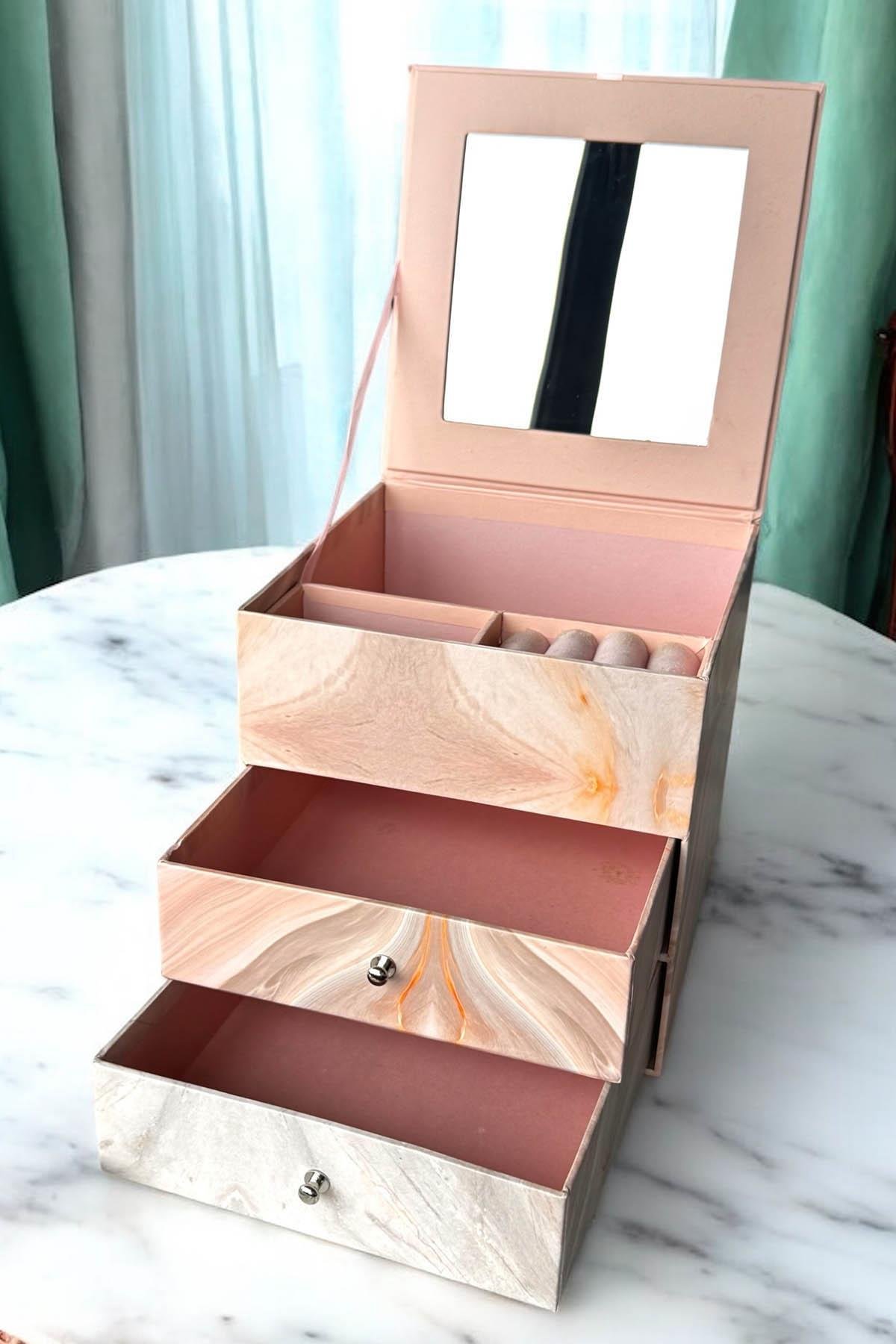 Pembe Renk Ayna Ve Çekmece Detaylı Takı Organizeri