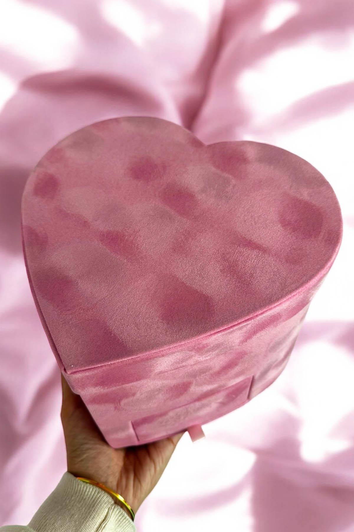 Pembe Renk Kalp Figürlü Çekmece Detaylı Kadife Hediye Kutusu