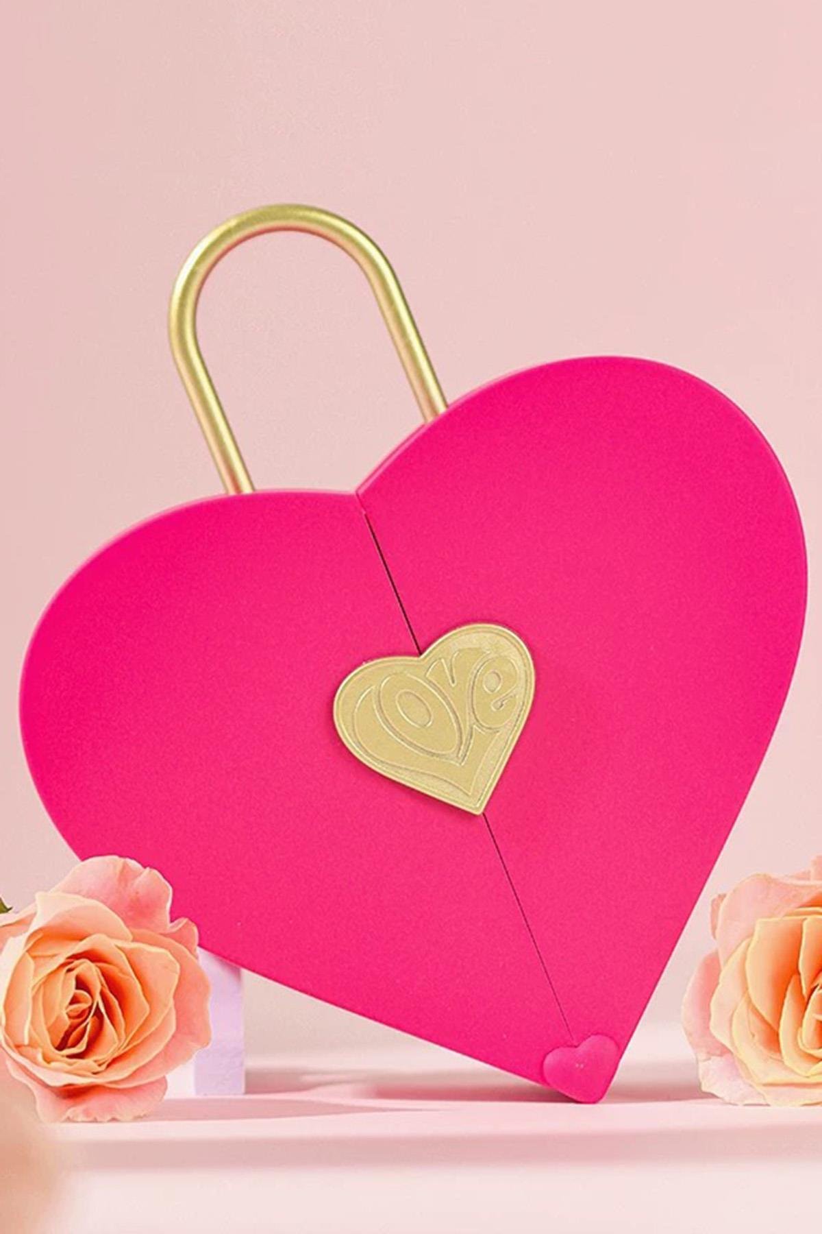 Pembe Renk Kalp Figürlü Karton Çanta Hediyeli Hediye Kutusu