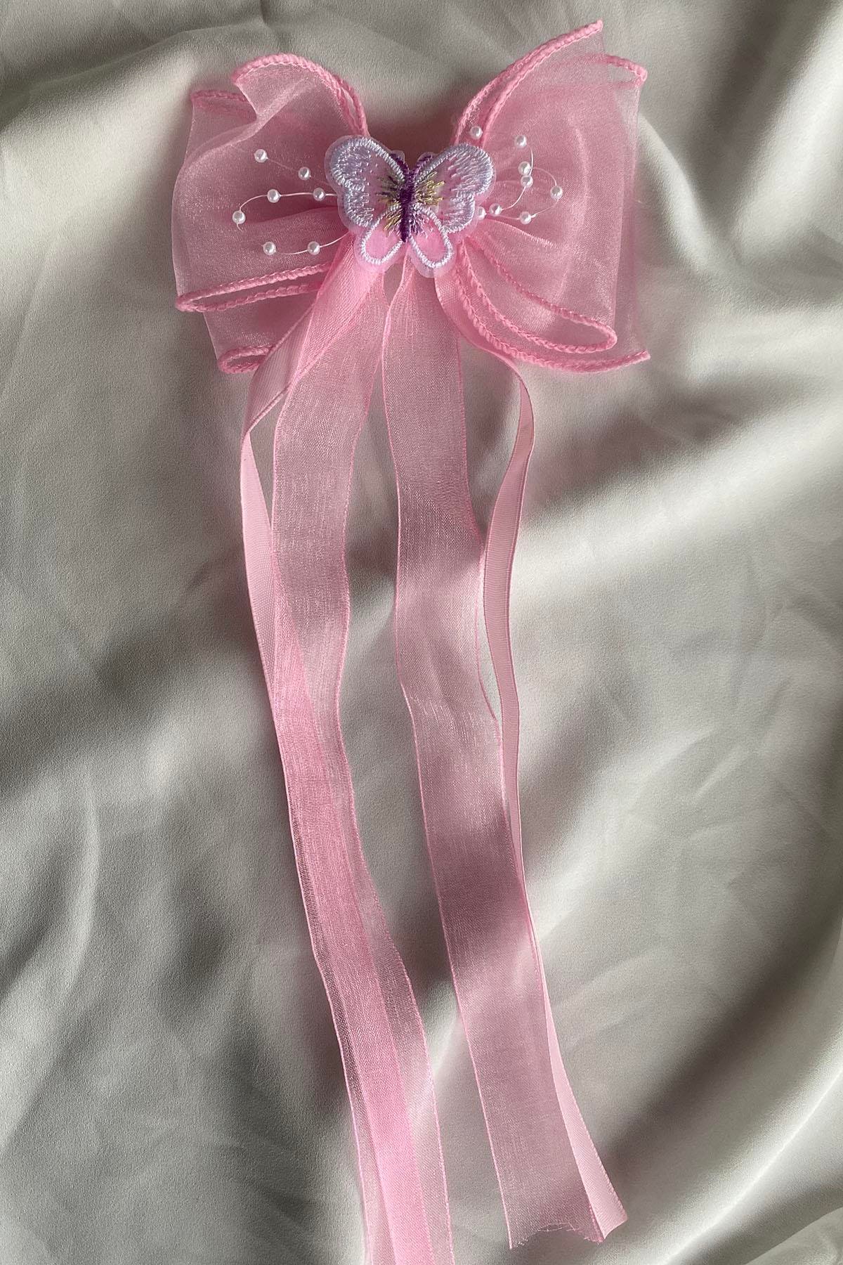 Pembe Renk Kurdele Figürlü Kelebek Detaylı Pens Toka