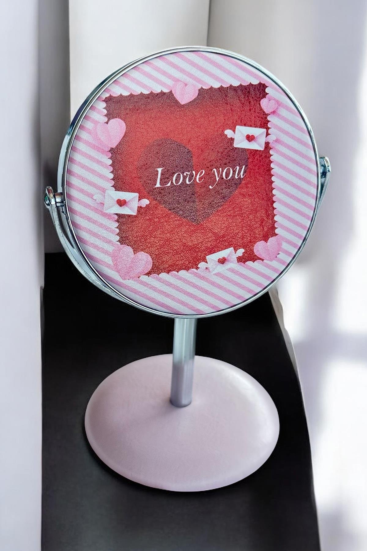 Pembe Renk Love You Yazılı Dönebilen Masa Aynası