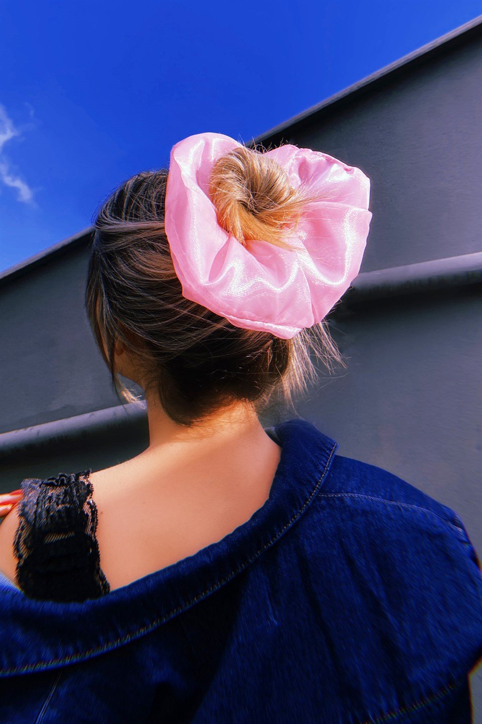 Pembe Renk Organze Büyük Boy Scrunchies Lastik Toka