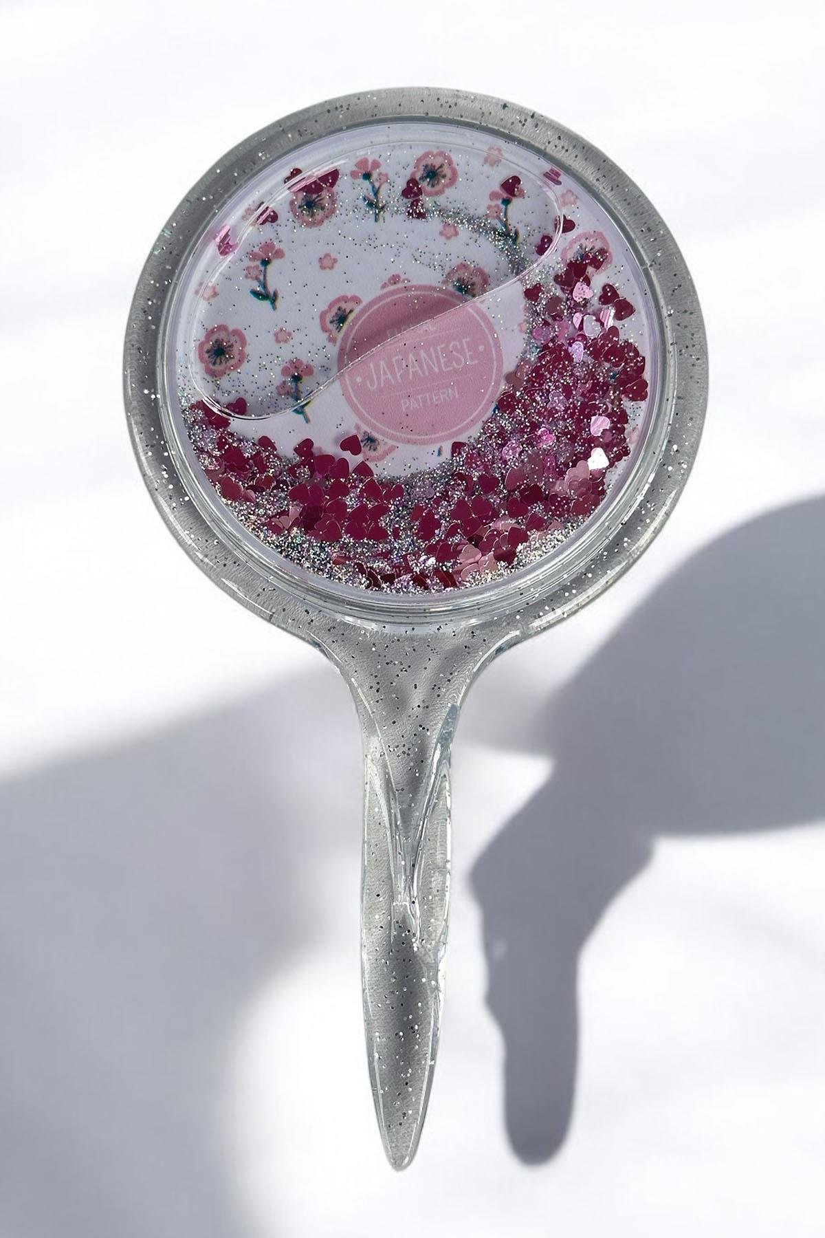 Pembe Renk Pul Detaylı Çiçek Figürlü El Aynası