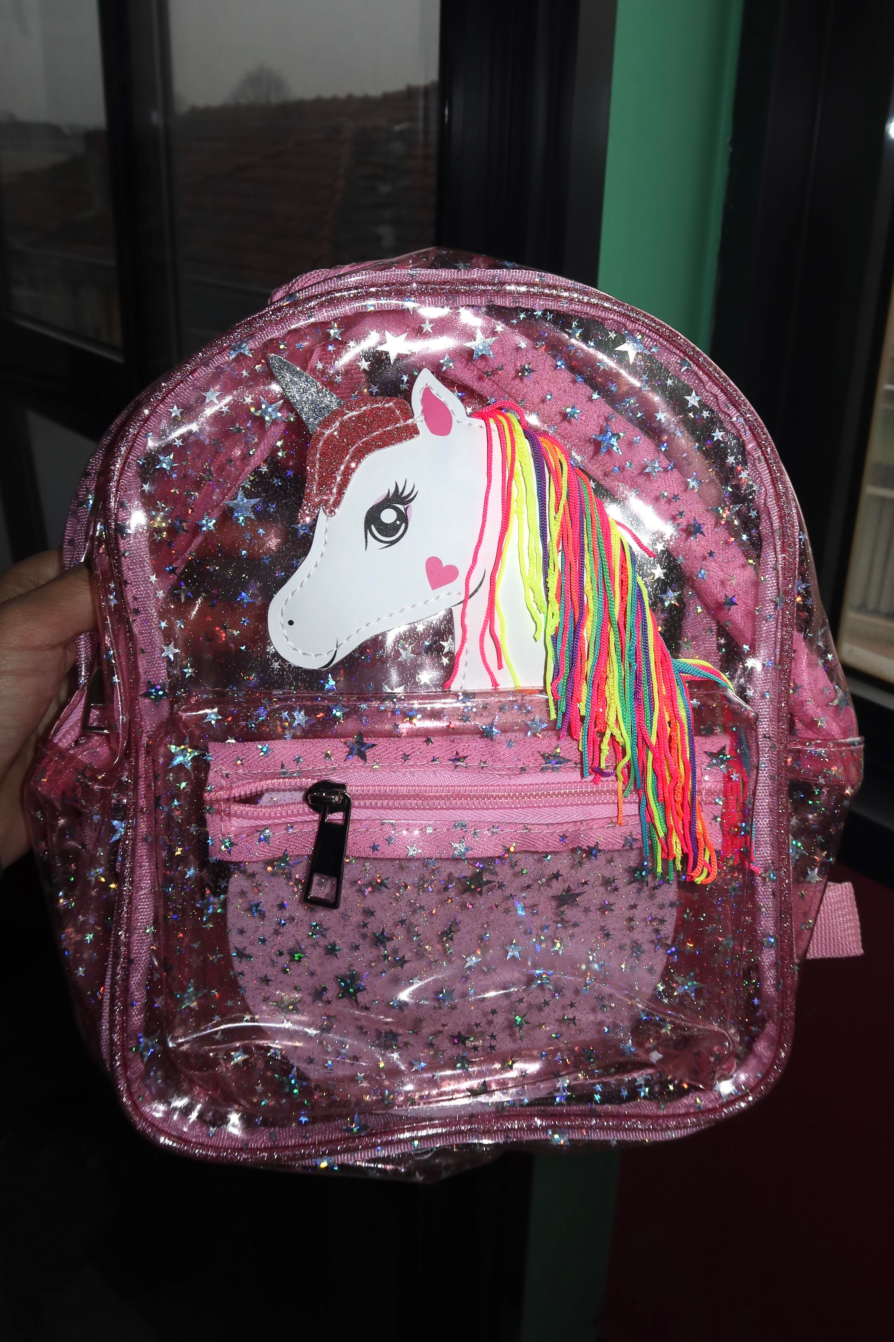 Pembe Renk Şeffaf Unicorn Figürlü Çocuk Sırt Çantası