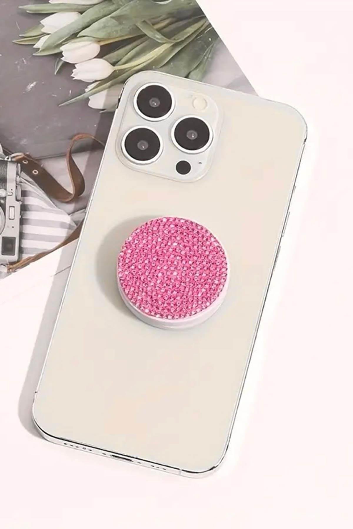 Pembe Renk Taş Detaylı 3D Telefon Tutacağı