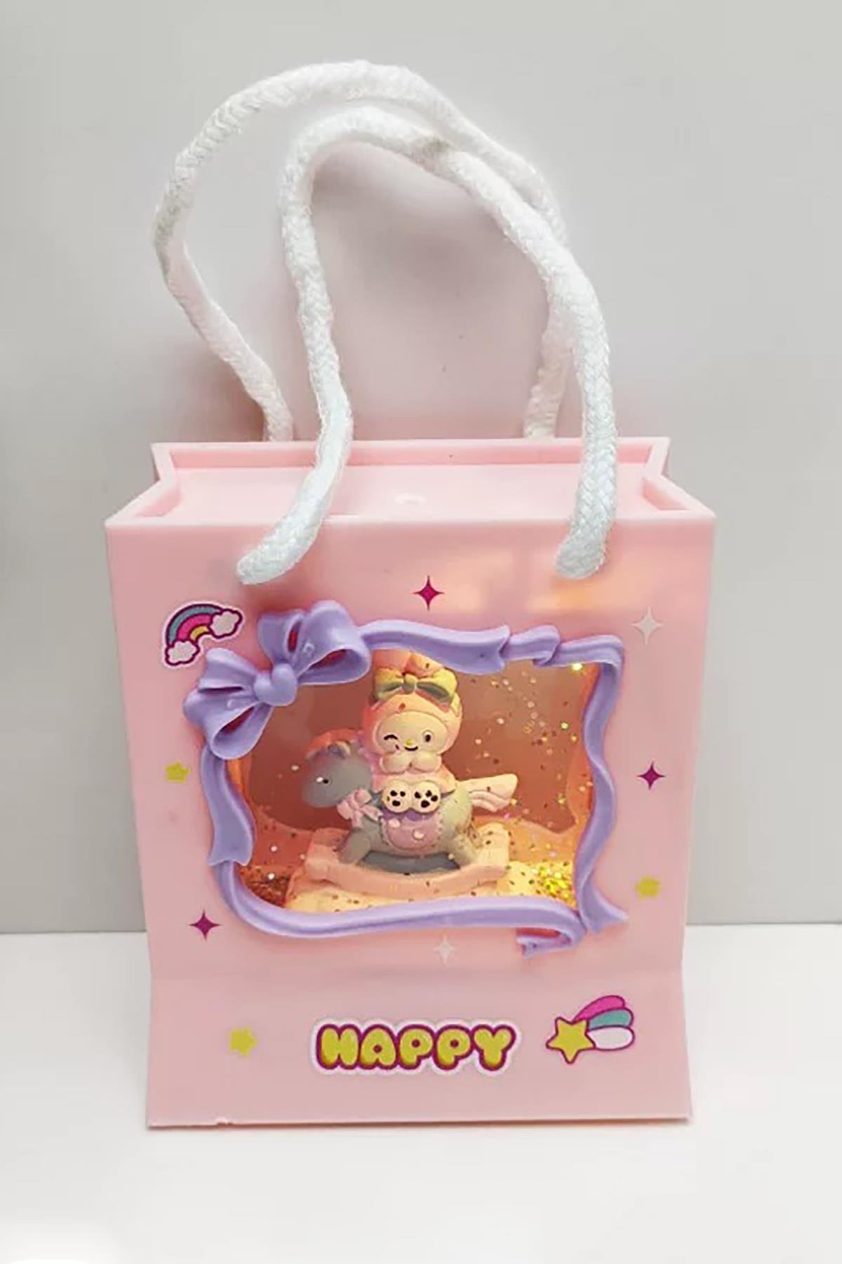 Pembe Renk Tavşan Figürlü Askı Detaylı Müziklı Işıklı Kar Küresi