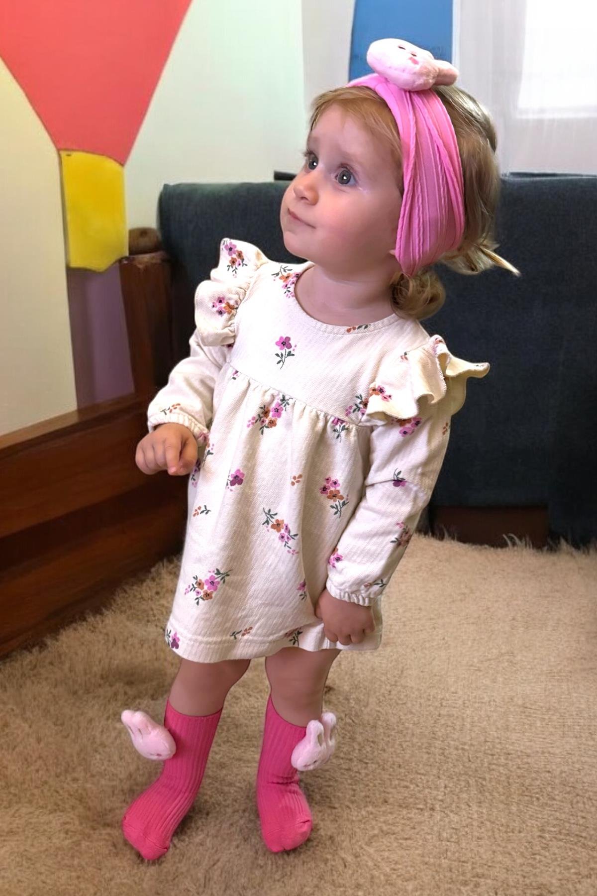 Pembe Renk Tavşan Figürlü Çocuk Saç Bandı Ve Çorap Set