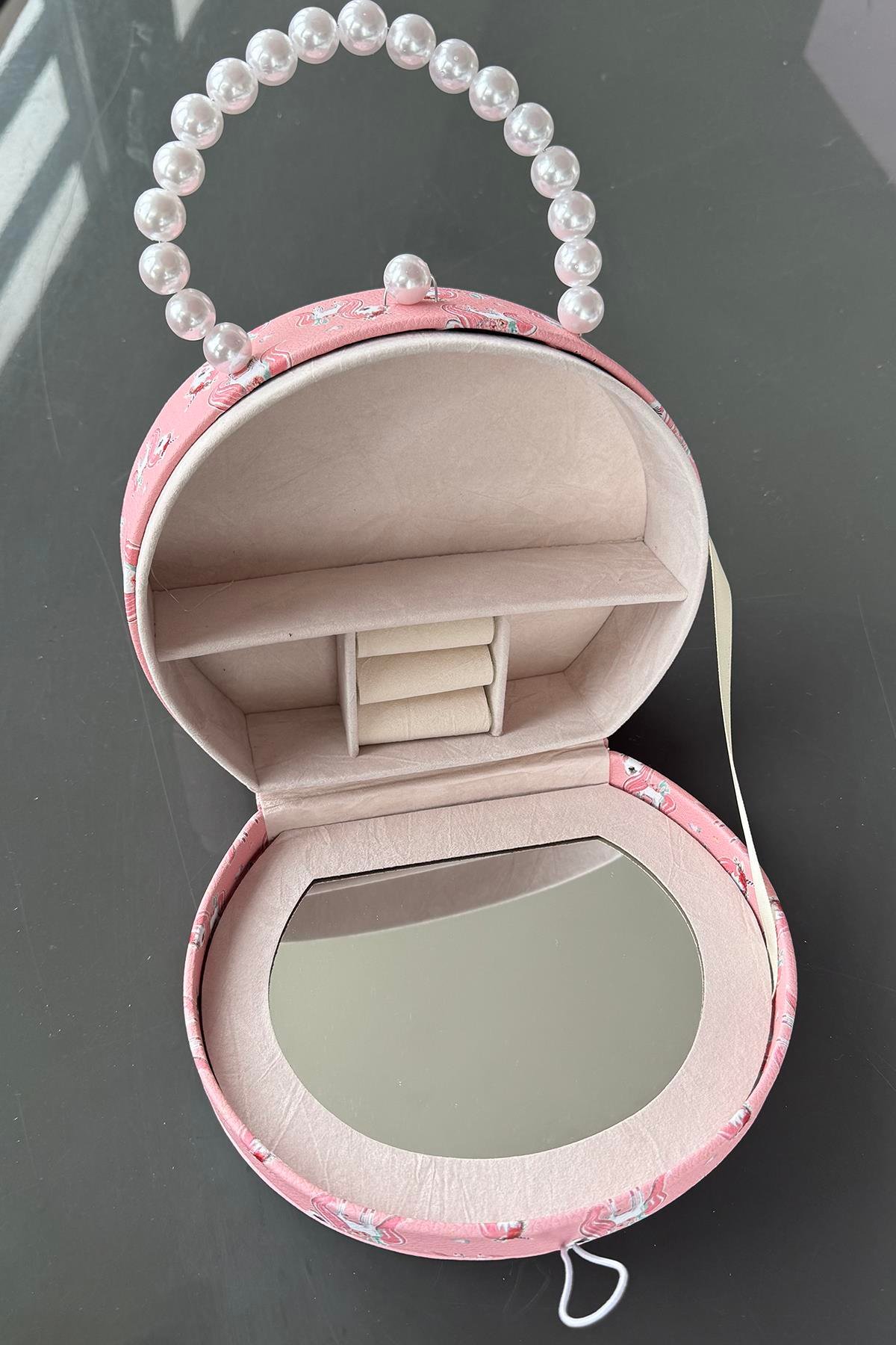 Pembe Renk Unicorn Figürlü İnci Detaylı Çanta Detaylı Takı Kutusu/Organizer