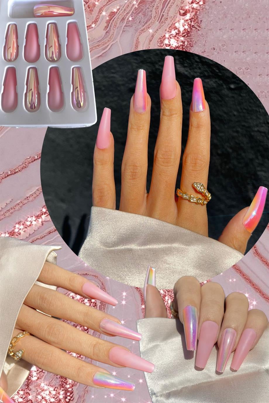 Pembe Renk Uzun Boy Barbie Girl Hologramlı Takma Tırnak (Yapıştırıcılı)