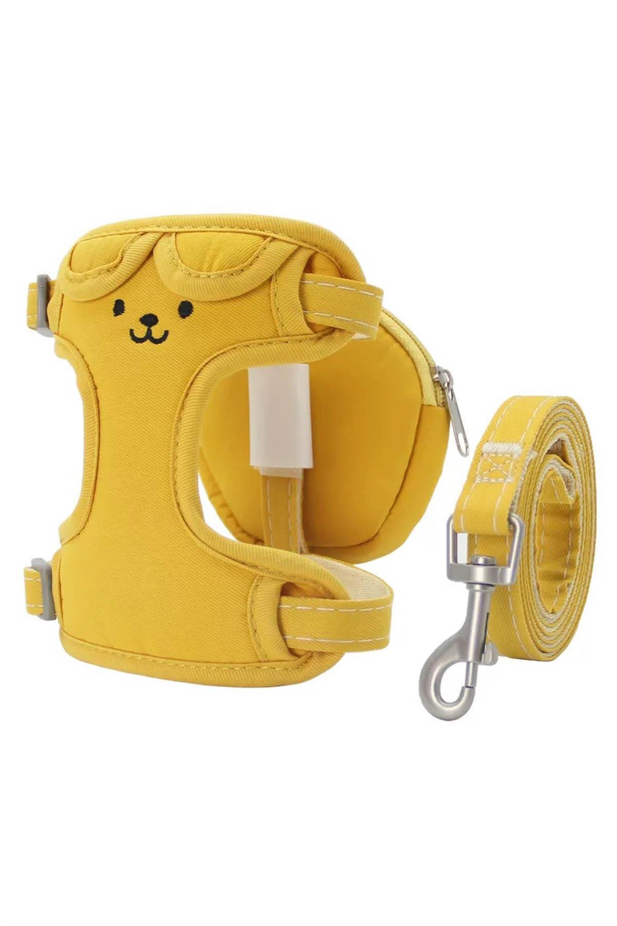 Sarı Renk Ayıcık Figürlü Bel Göğüs Ayarlanabilir Kedi/Köpek Tasma