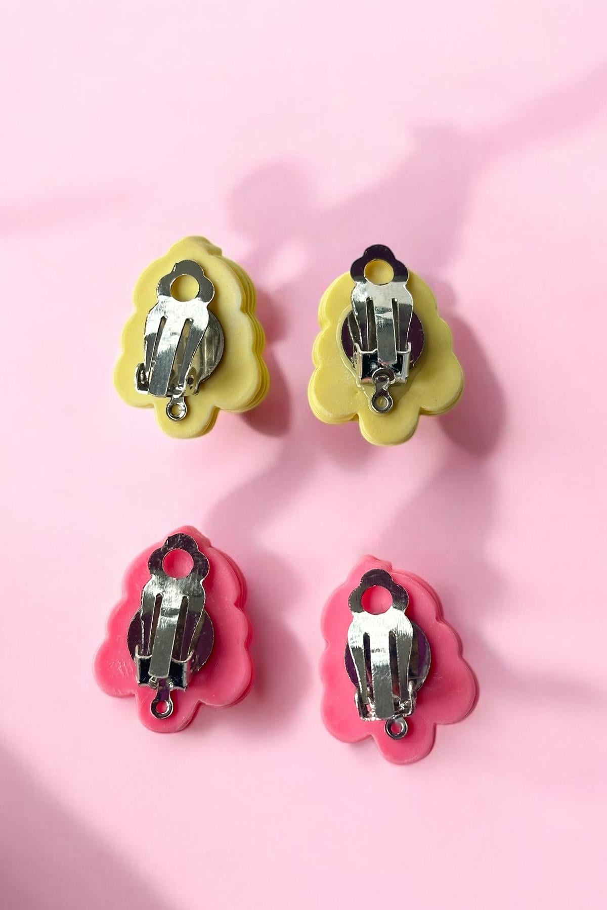 Sarı Ve Pembe Renk Cup Cake Figürlü Çocuk Sıkıştırmalı Küpe