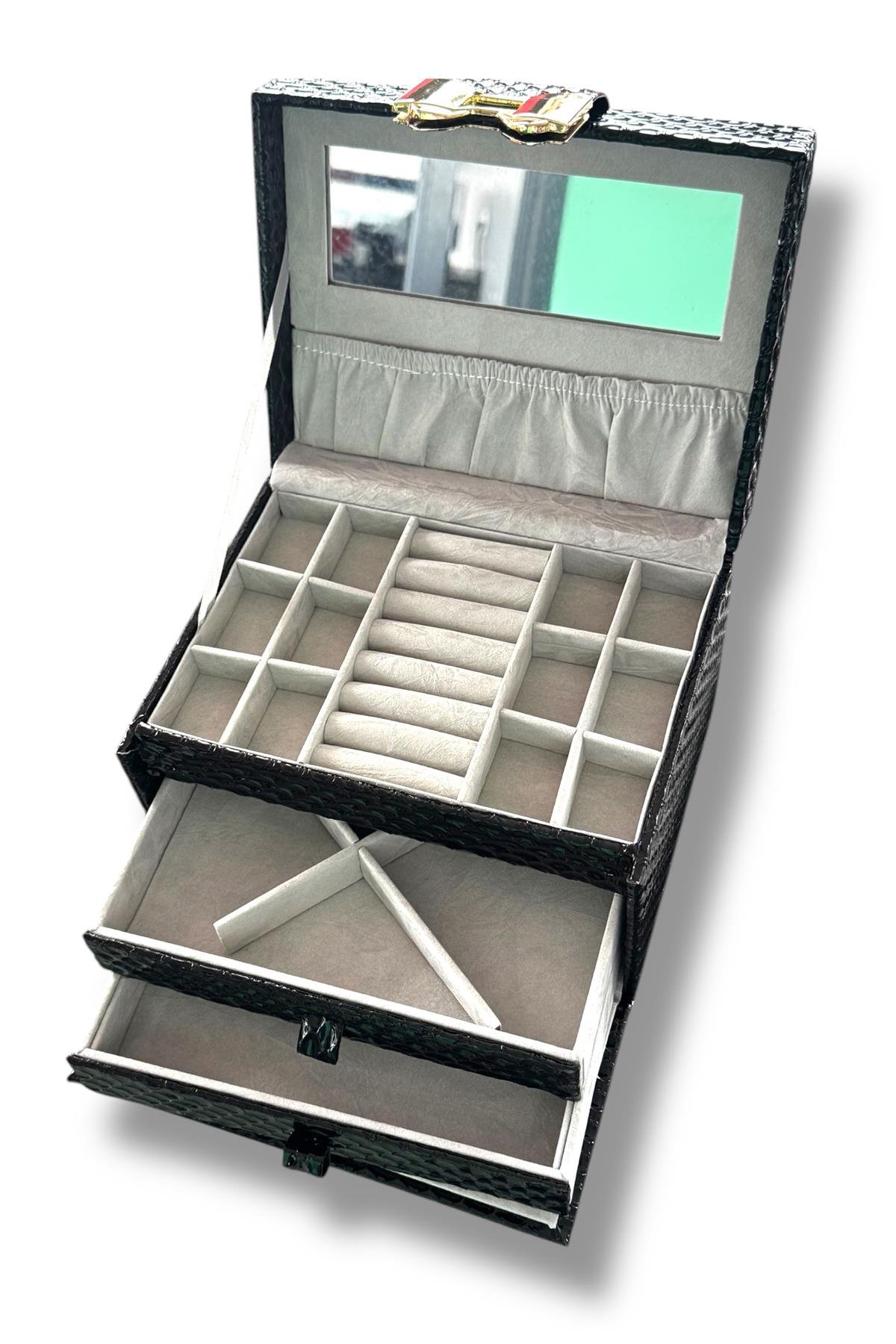 Siyah Renk Ayna Detaylı Çekmeceli Deri Takı Organizeri