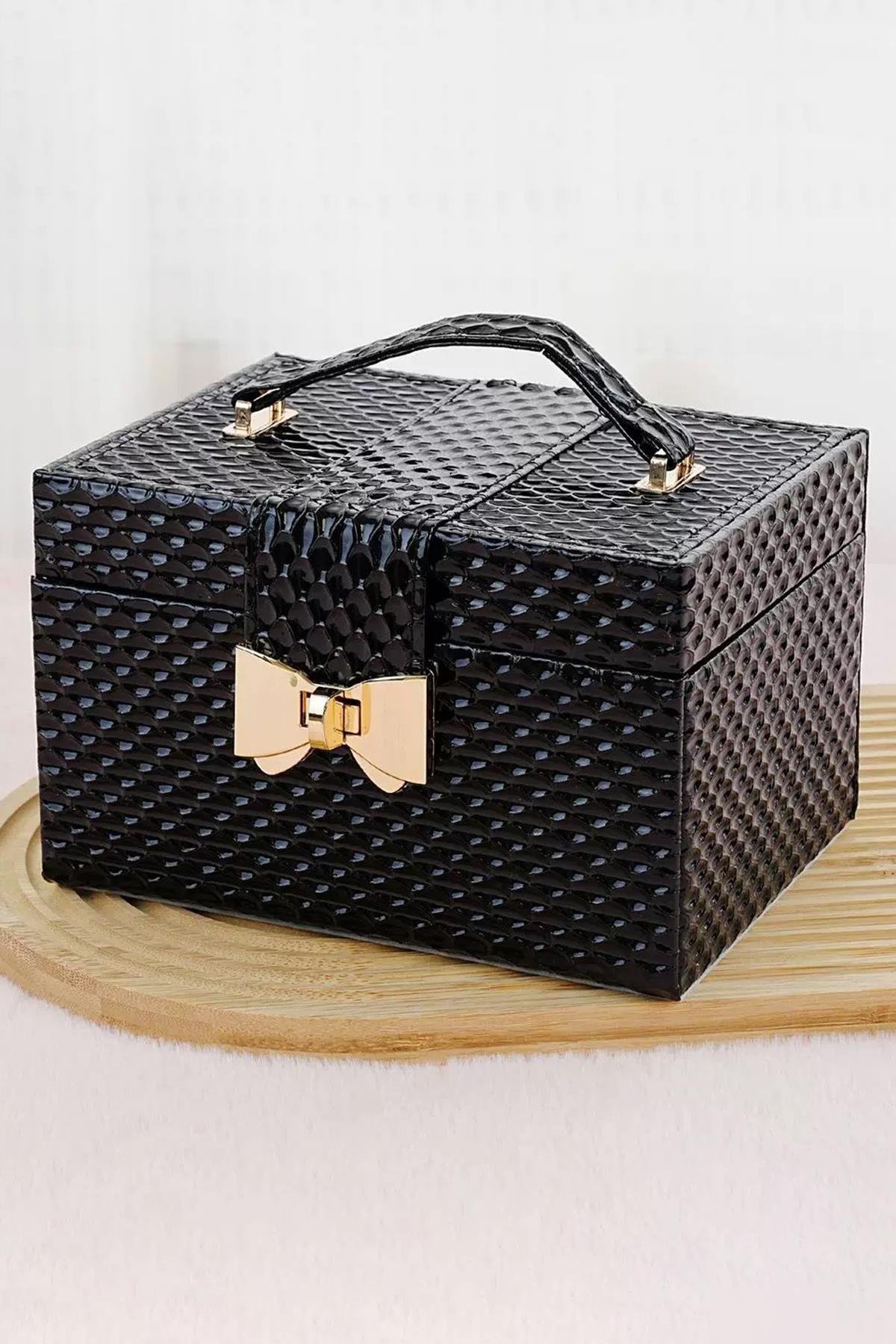 Siyah Renk Ayna Detaylı Çekmeceli Deri Takı Organizeri