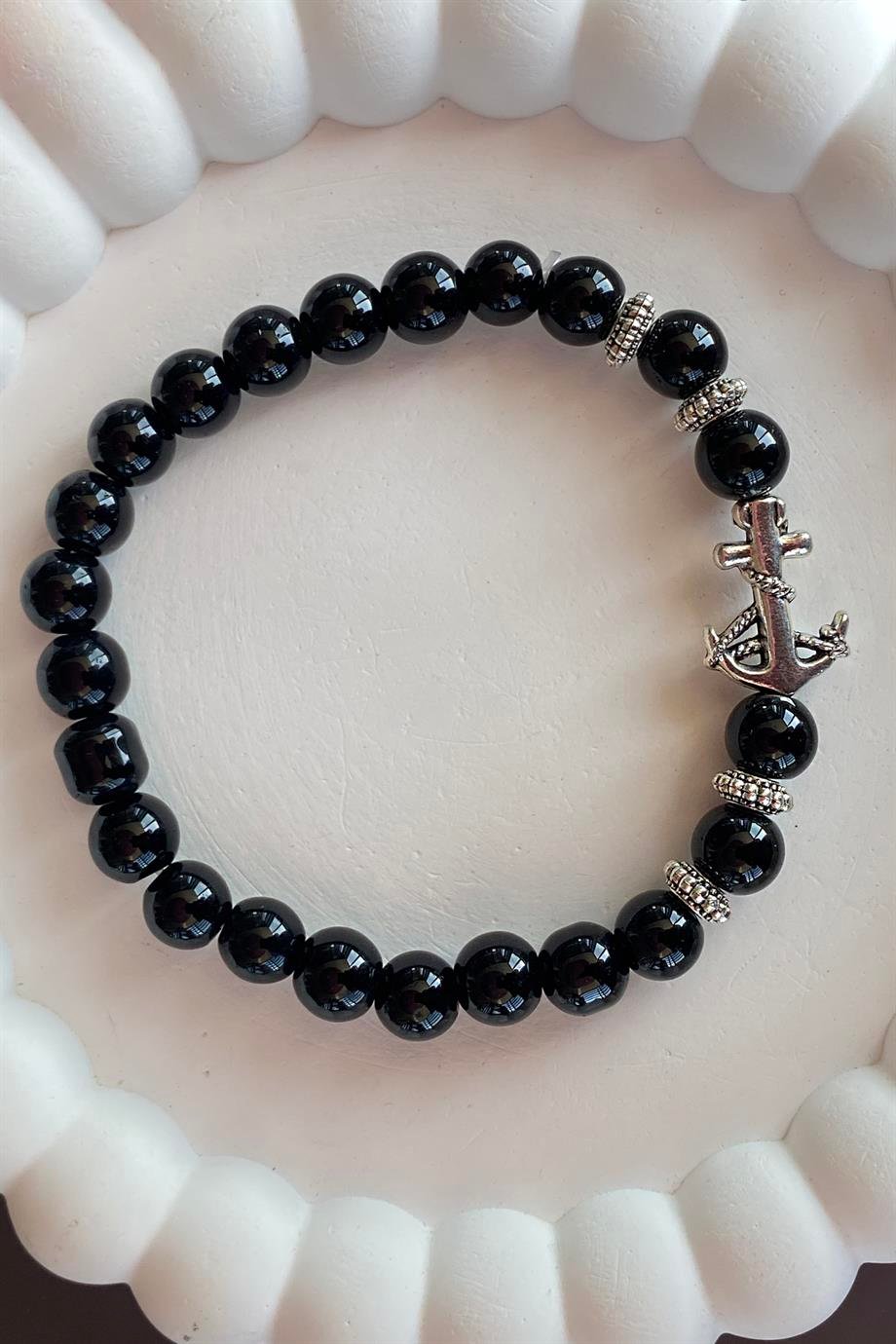 Siyah Renk Boncuk Detaylı Çapa Figürlü Erkek Bileklik 