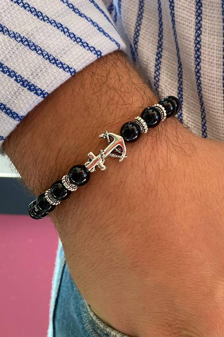 Siyah Renk Boncuk Detaylı Çapa Figürlü Erkek Bileklik 