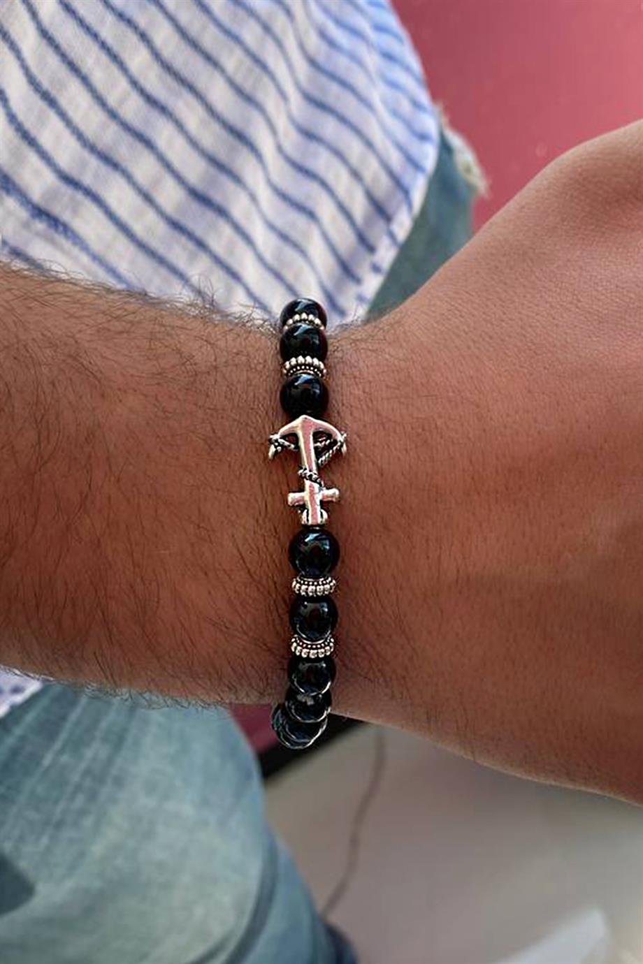 Siyah Renk Boncuk Detaylı Çapa Figürlü Erkek Bileklik 