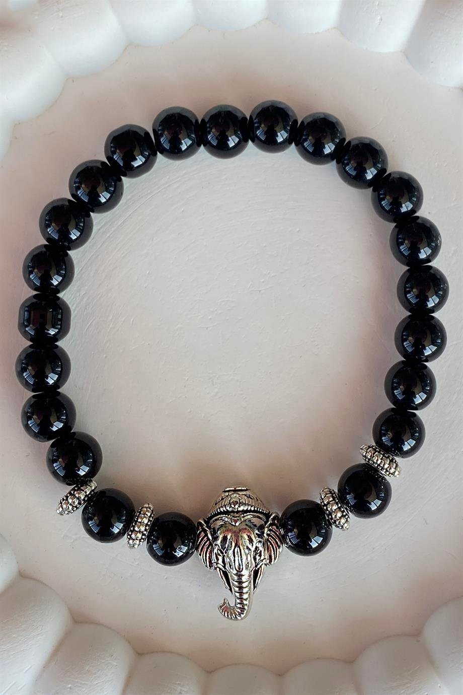 Siyah Renk Boncuk Detaylı Fil Figürlü Erkek Bileklik 