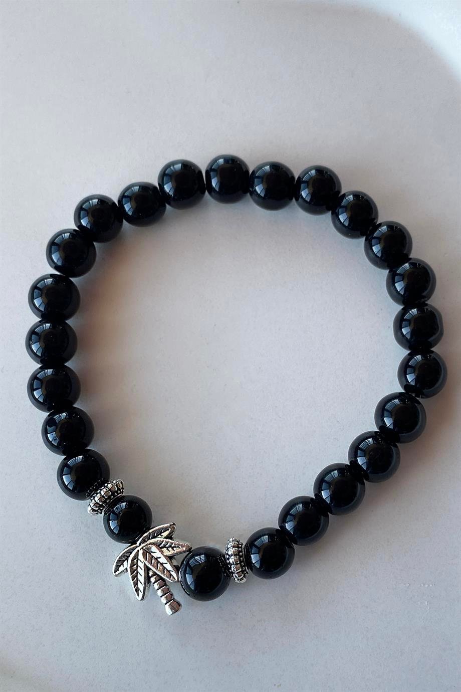 Siyah Renk Boncuk Detaylı Yaprak Figürlü Erkek Bileklik 