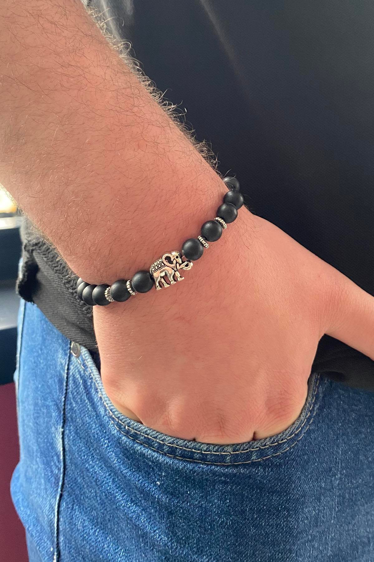 Siyah Renk Fil Figürlü Boncuk Detaylı Erkek Bileklik