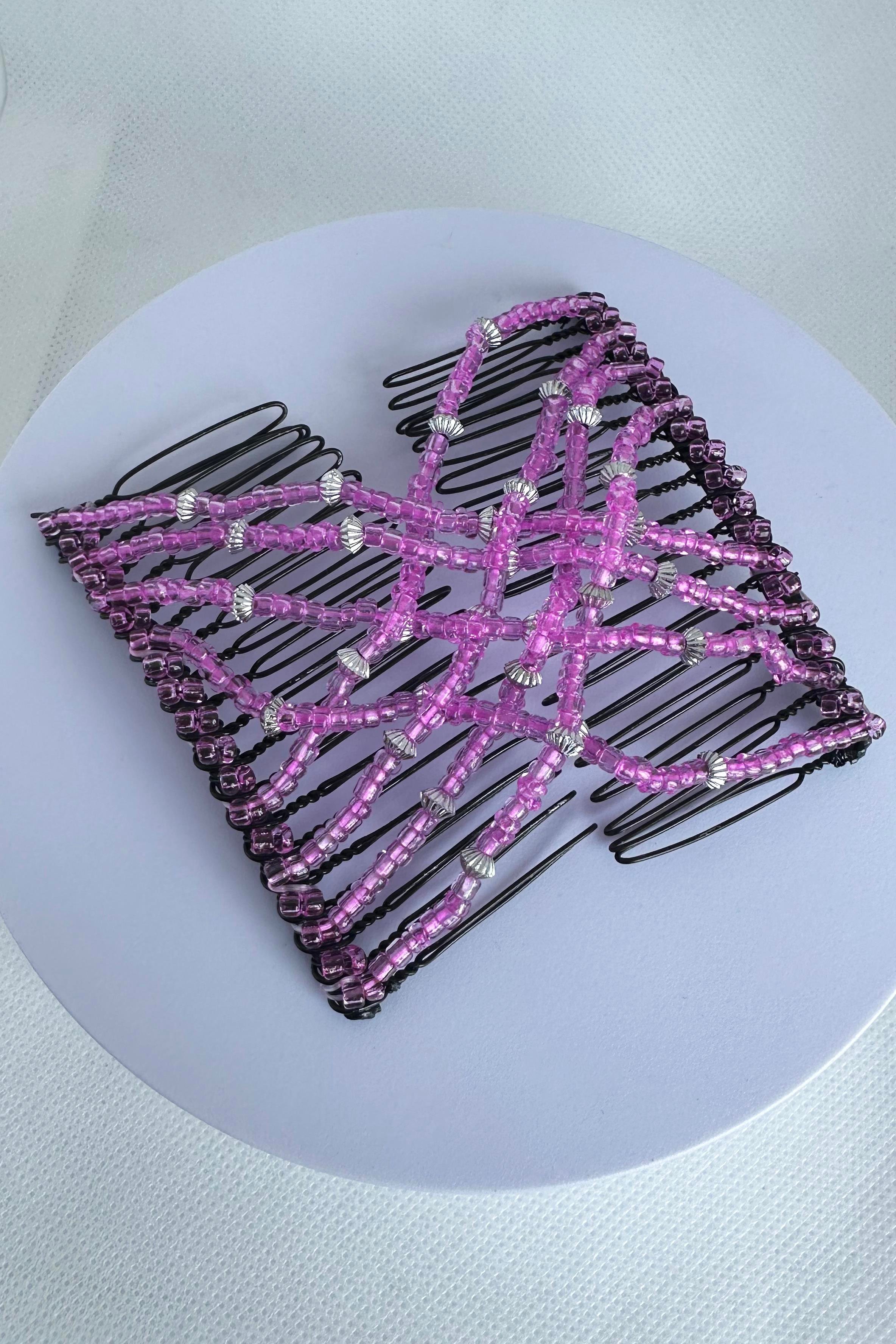 Siyah Renk Fuşya Boncuk Detaylı Tel Tarak Toka 