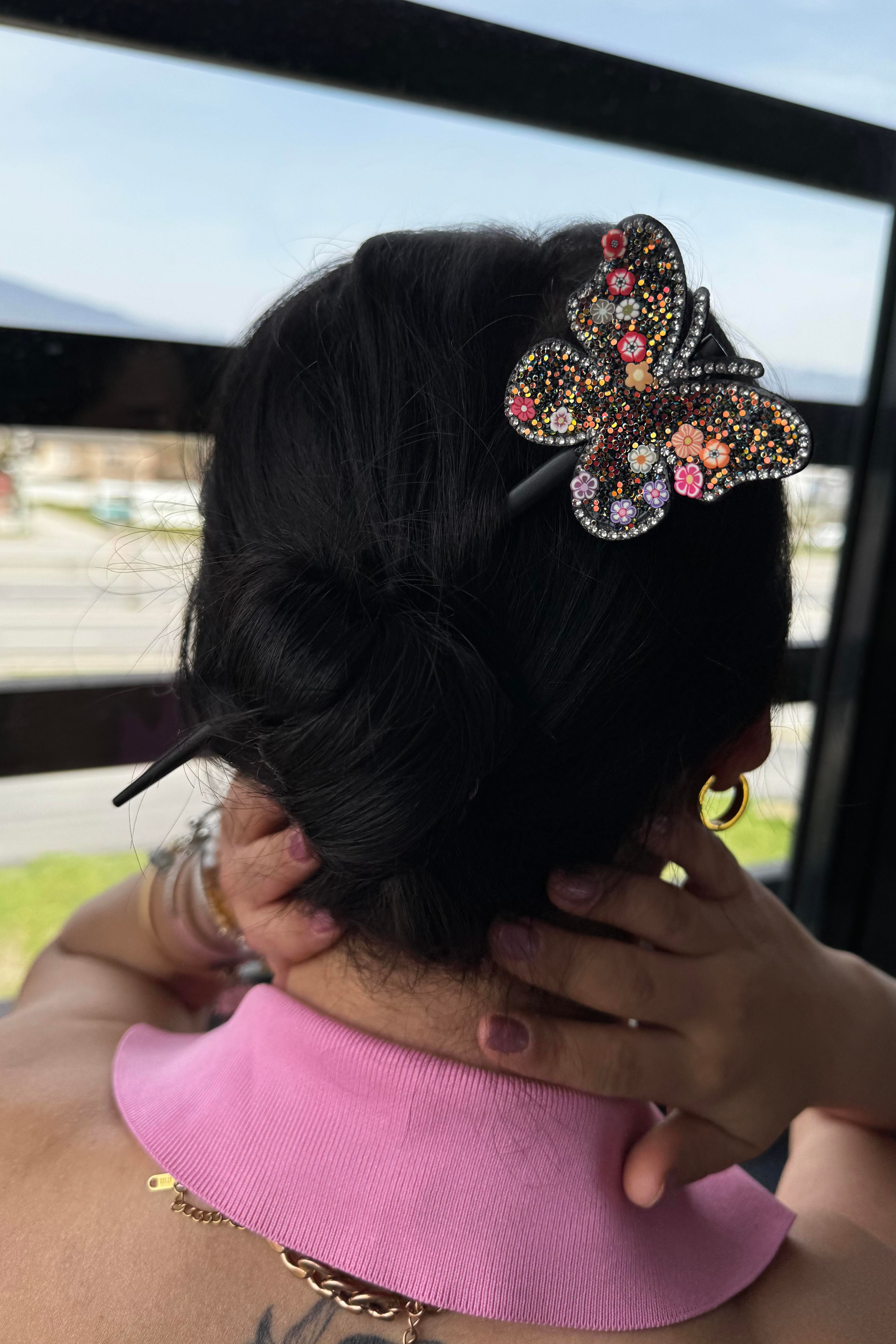 Siyah Renk Kelebek Figürlü Topuz Tokası/Topuz Kalemi