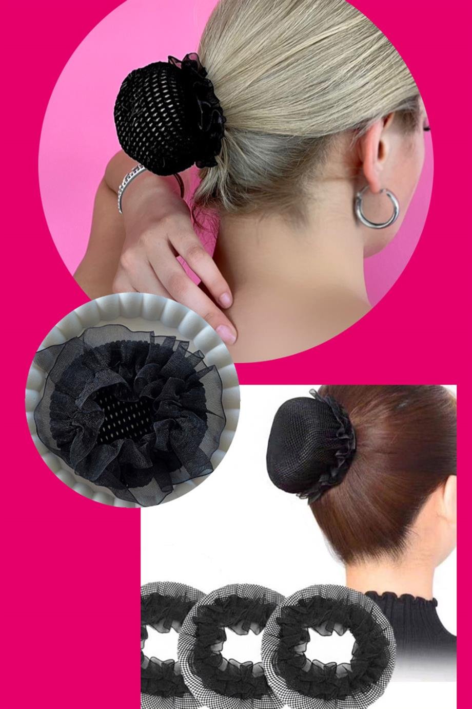 Siyah Renk Küçük  File Detaylı Topuz Toka