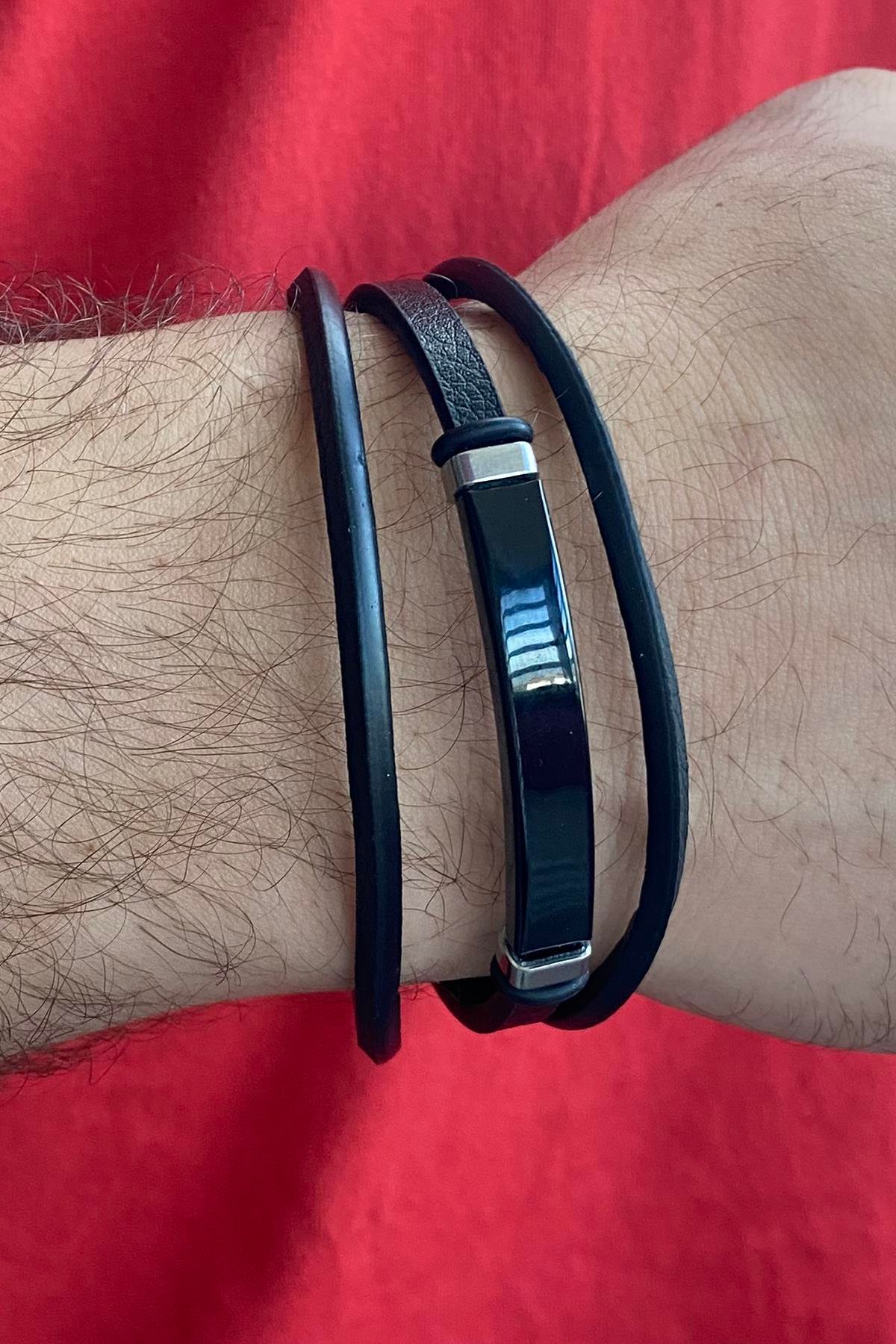 Siyah Renk Metal Detaylı Çelik Bileklik 