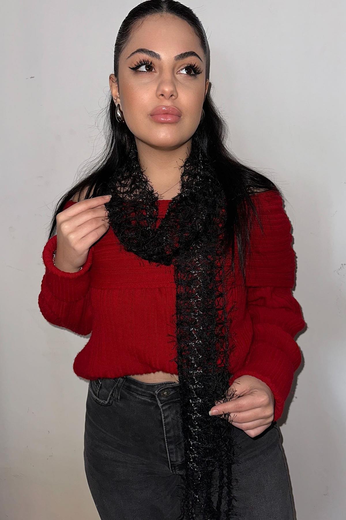 Siyah Renk Örgü Detaylı Şal